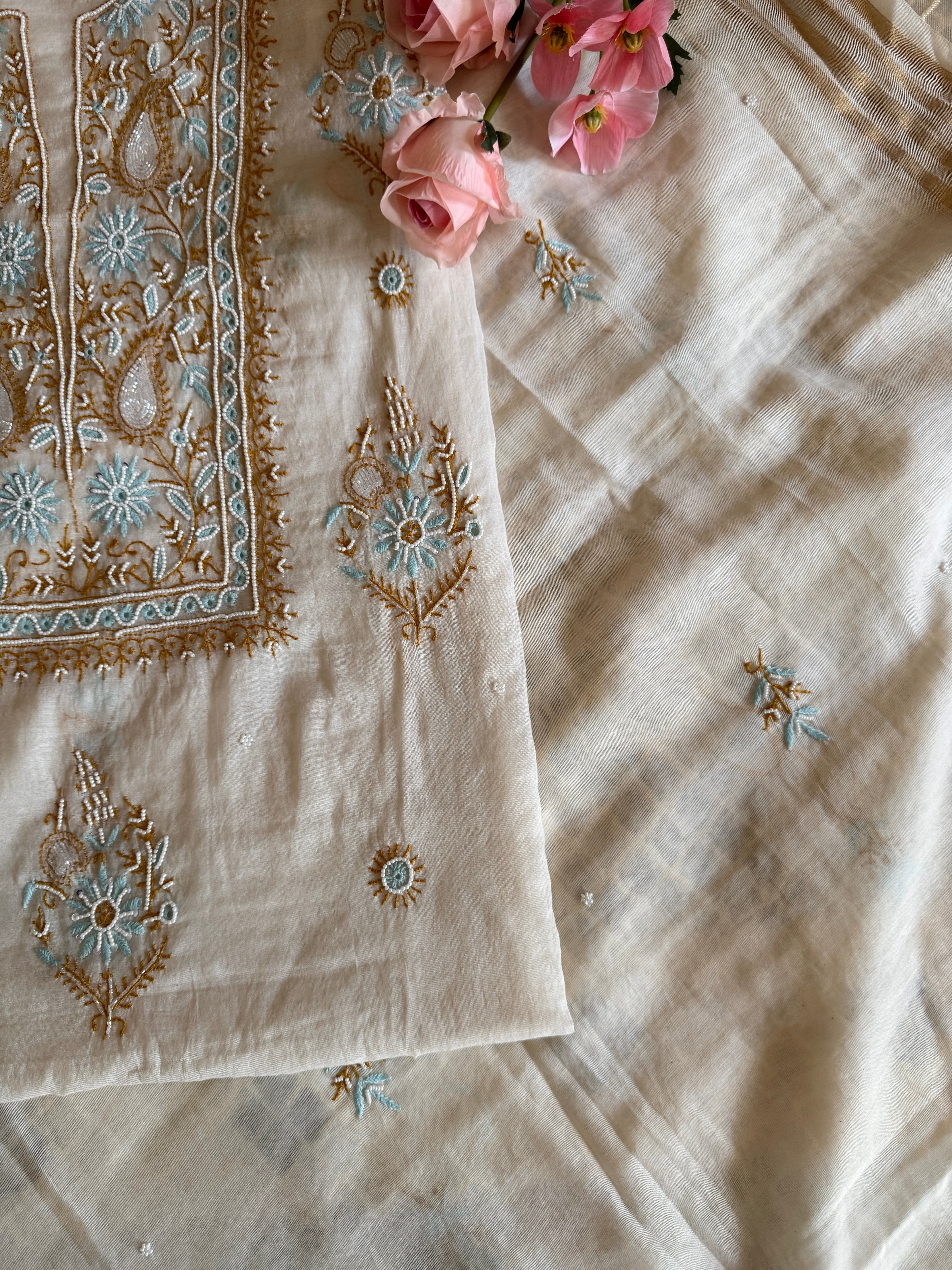 Mul Chanderi Unstitched suit with fine Moti & Cutdana work