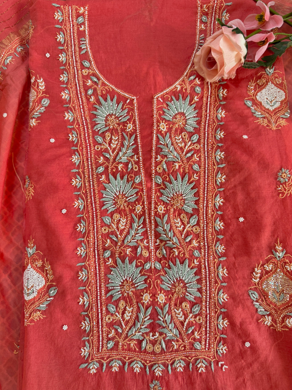 Mul Chanderi Unstitched suit with fine Moti & Cutdana work