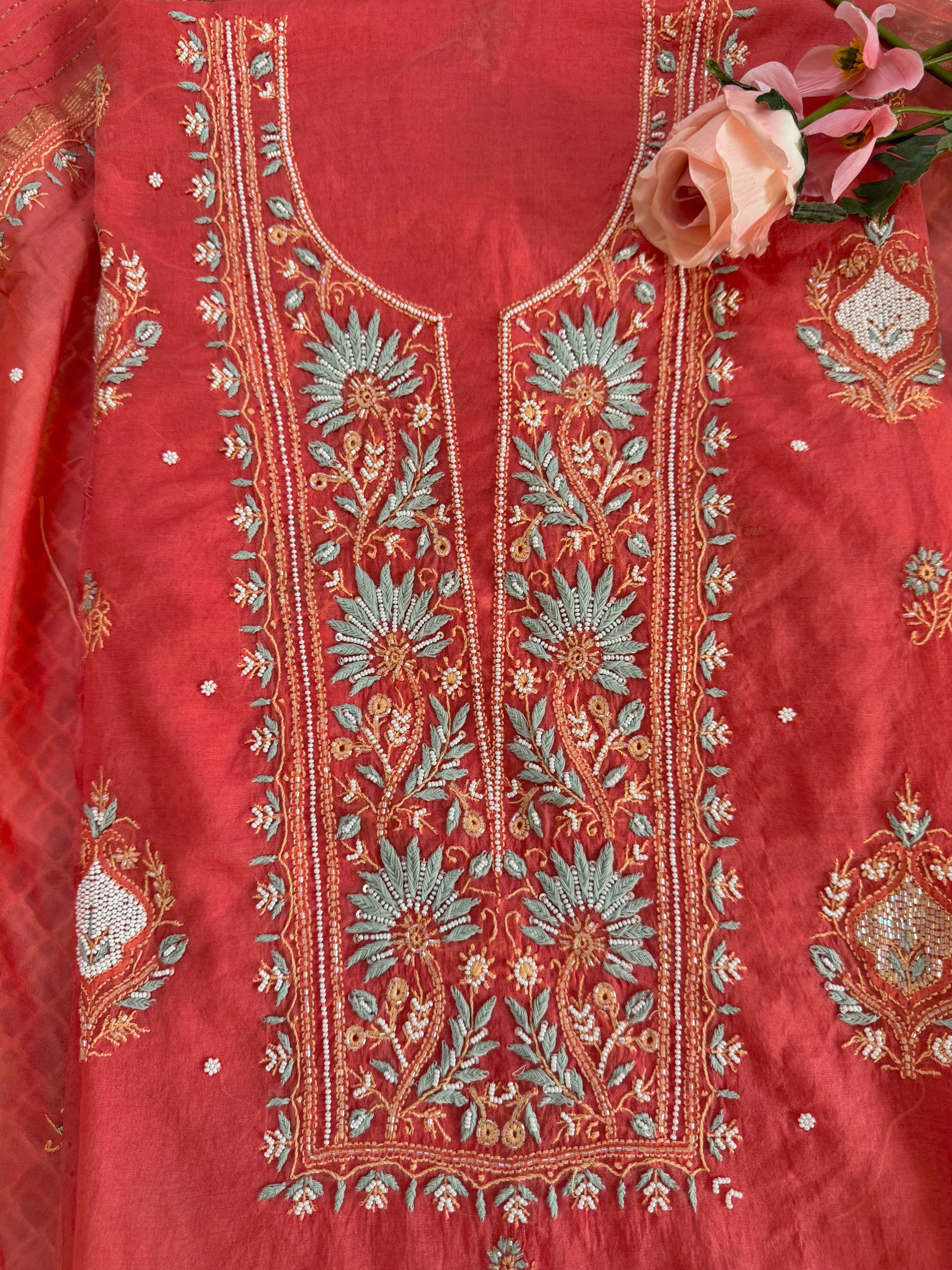 Mul Chanderi Unstitched suit with fine Moti & Cutdana work