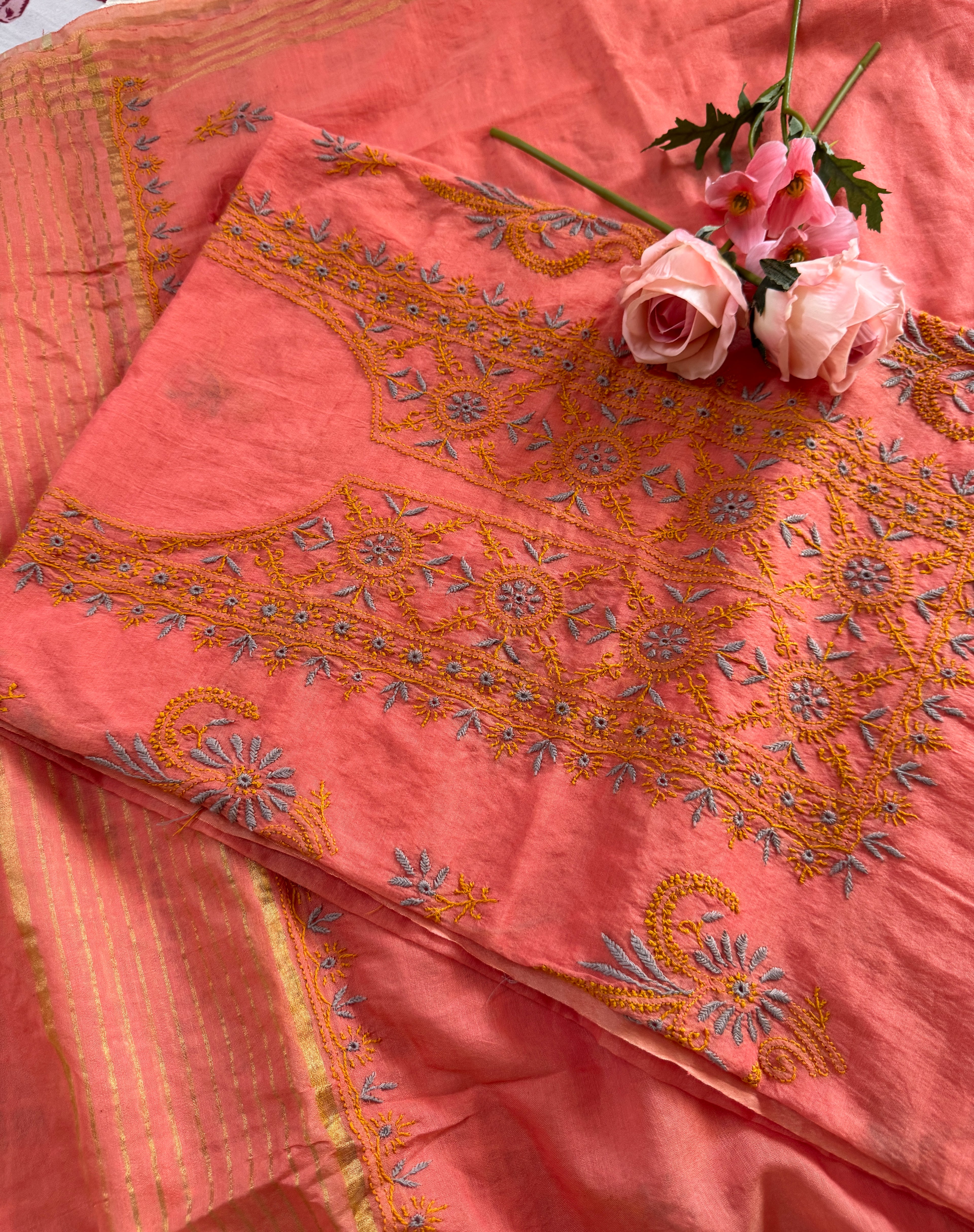 Mul Chanderi Unstitched Suit with thread work