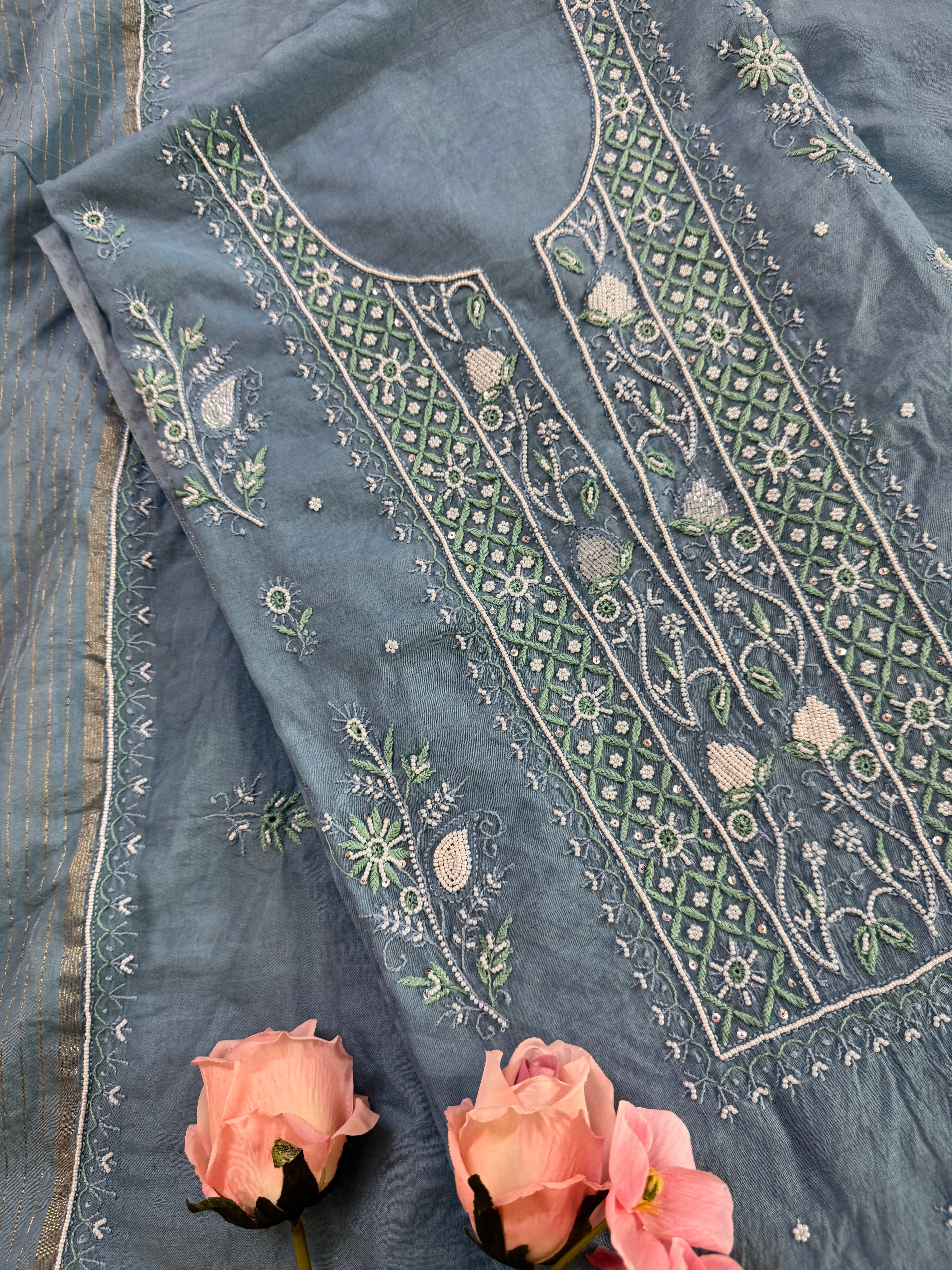 Mul Chanderi Unstitched suit with fine Moti & Cutdana work