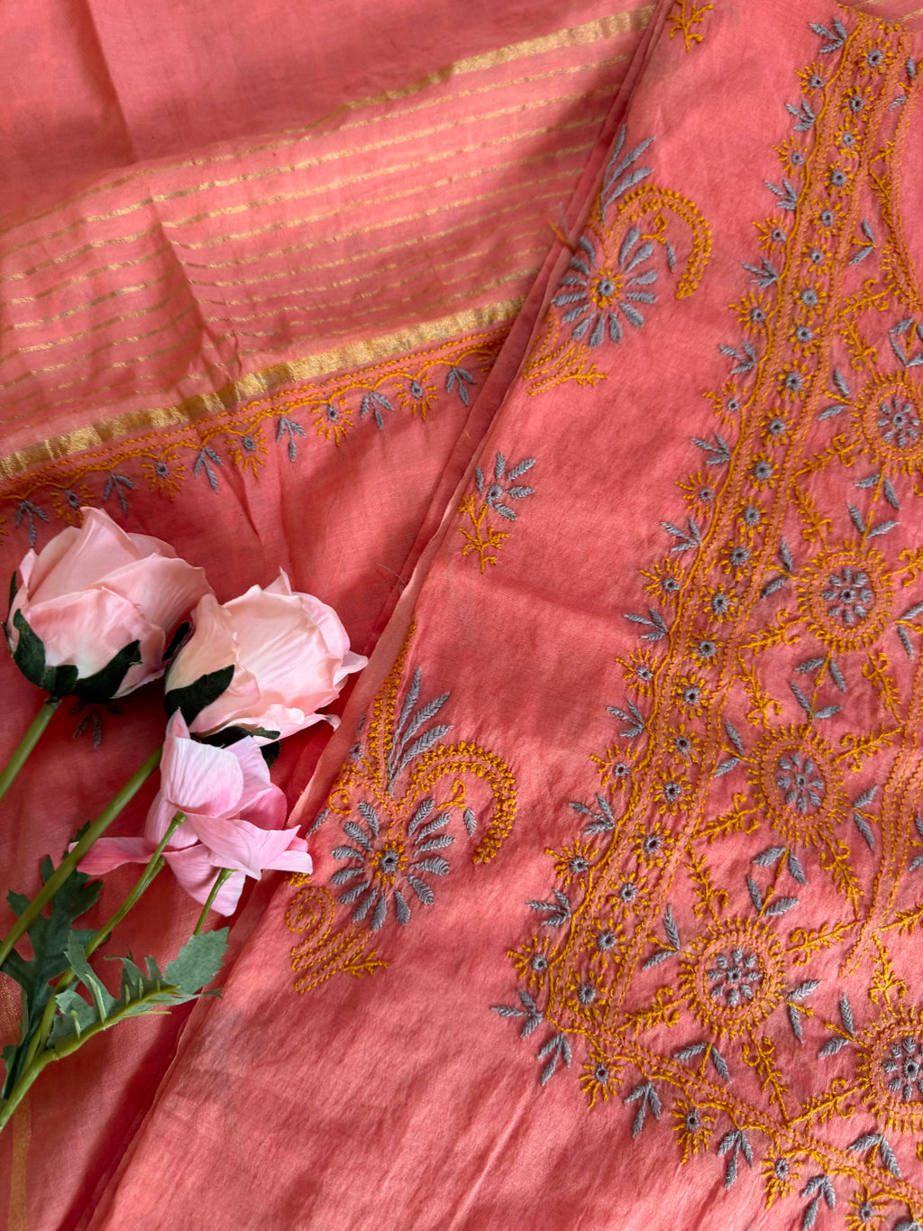 Mul Chanderi Unstitched Suit with thread work