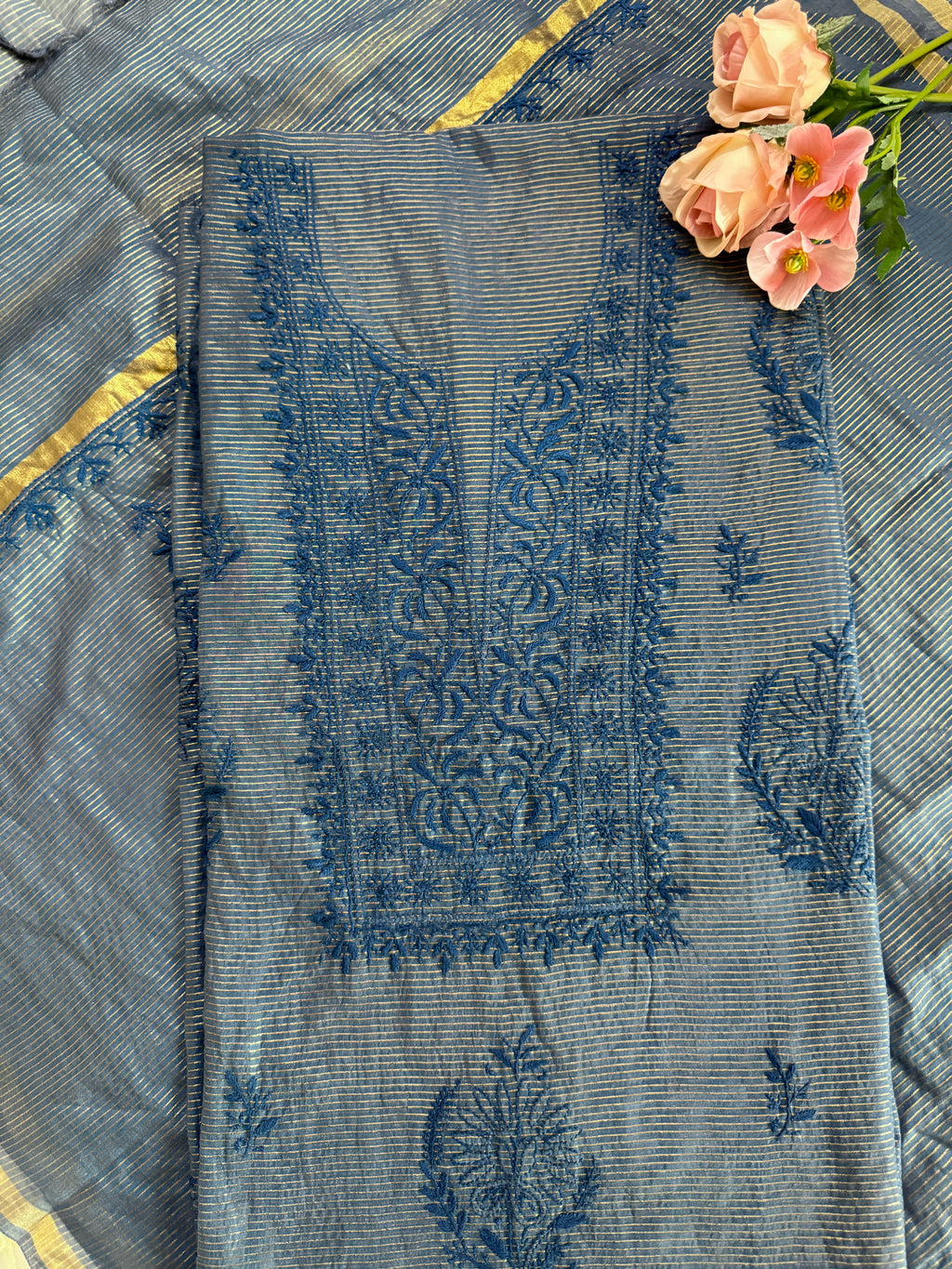 Mul Chanderi Unstitched Suit with thread work
