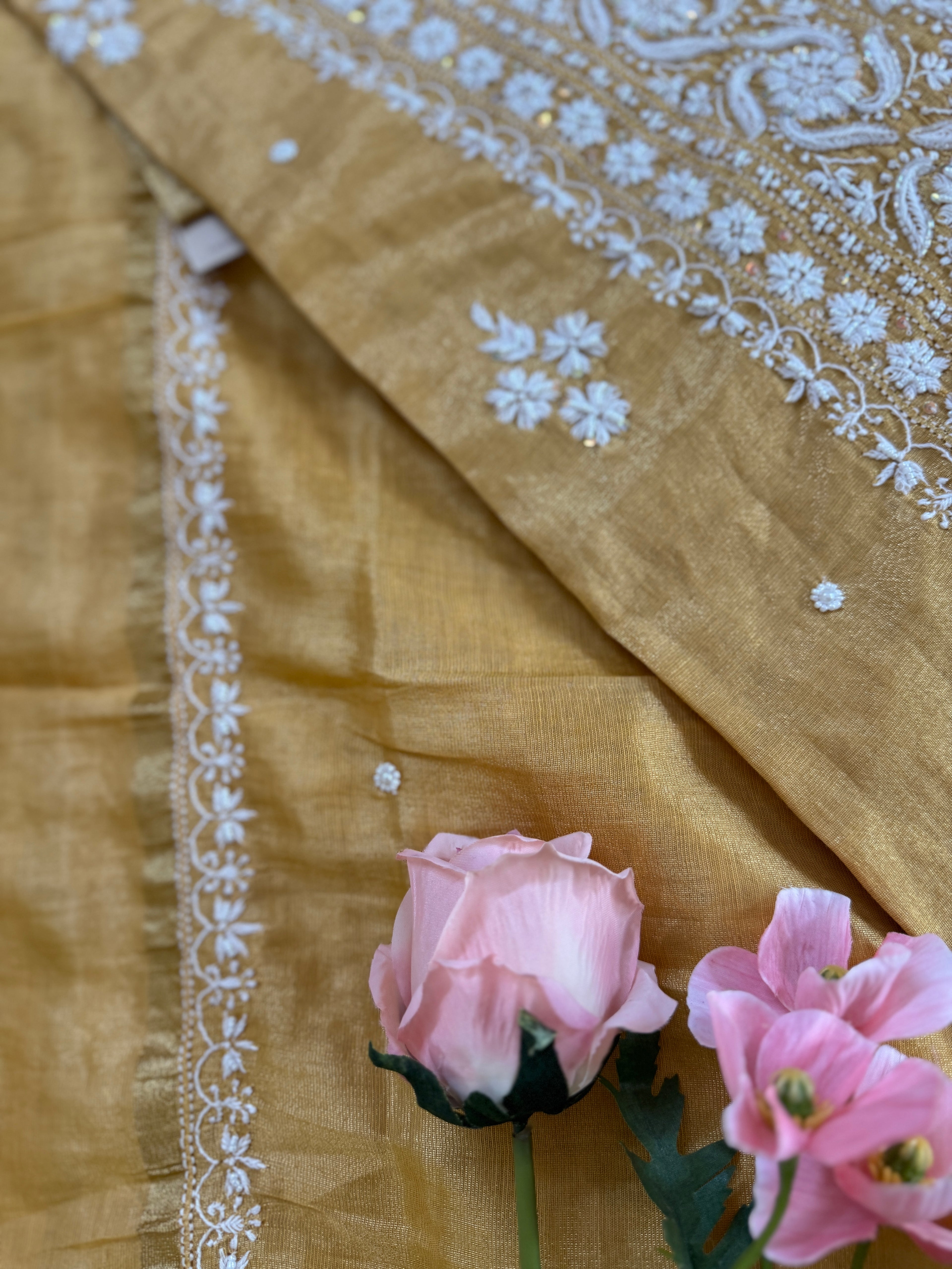 Tissue silk unstitched suit with Moti embellishments
