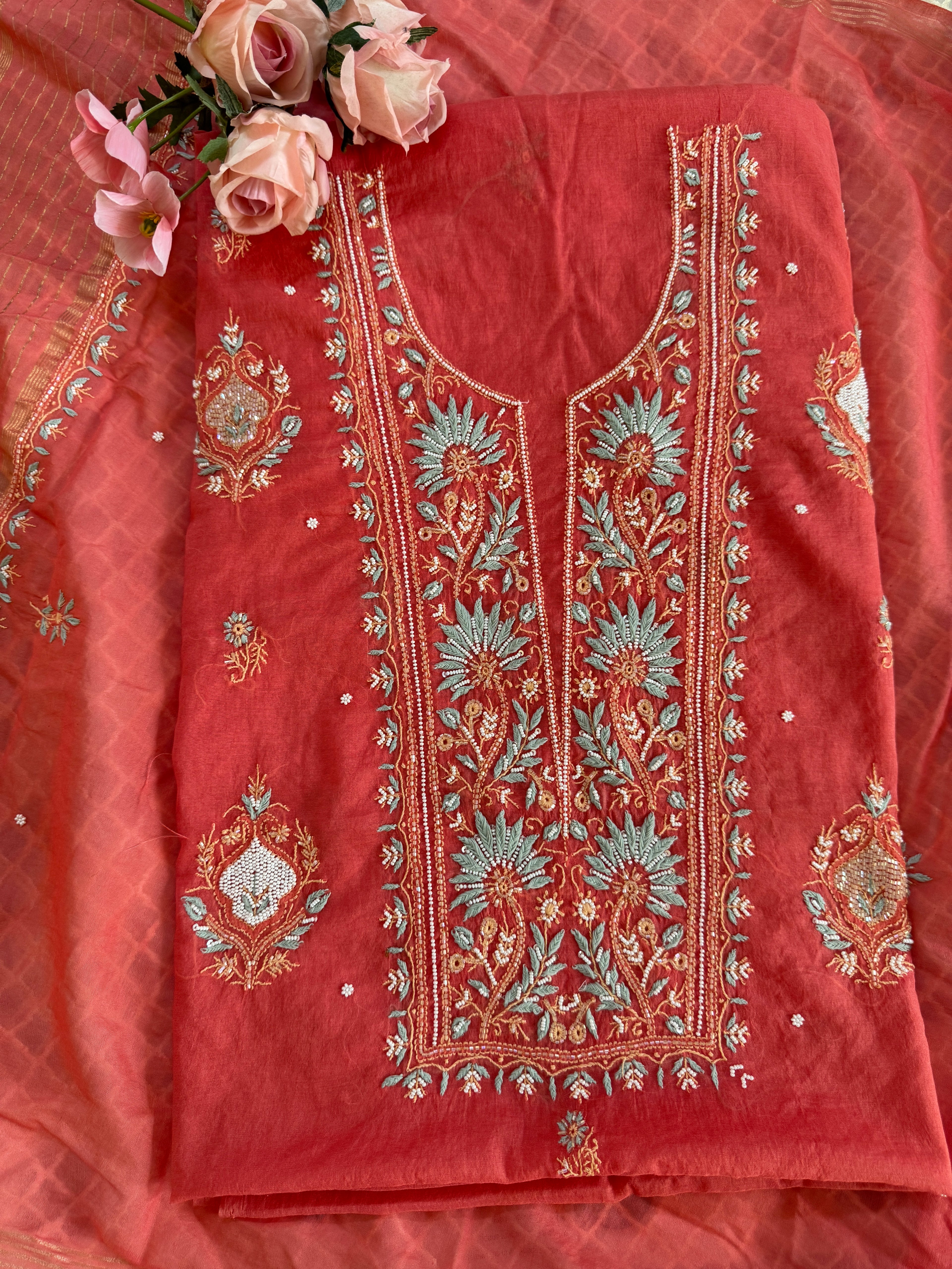 Mul Chanderi Unstitched suit with fine Moti & Cutdana work