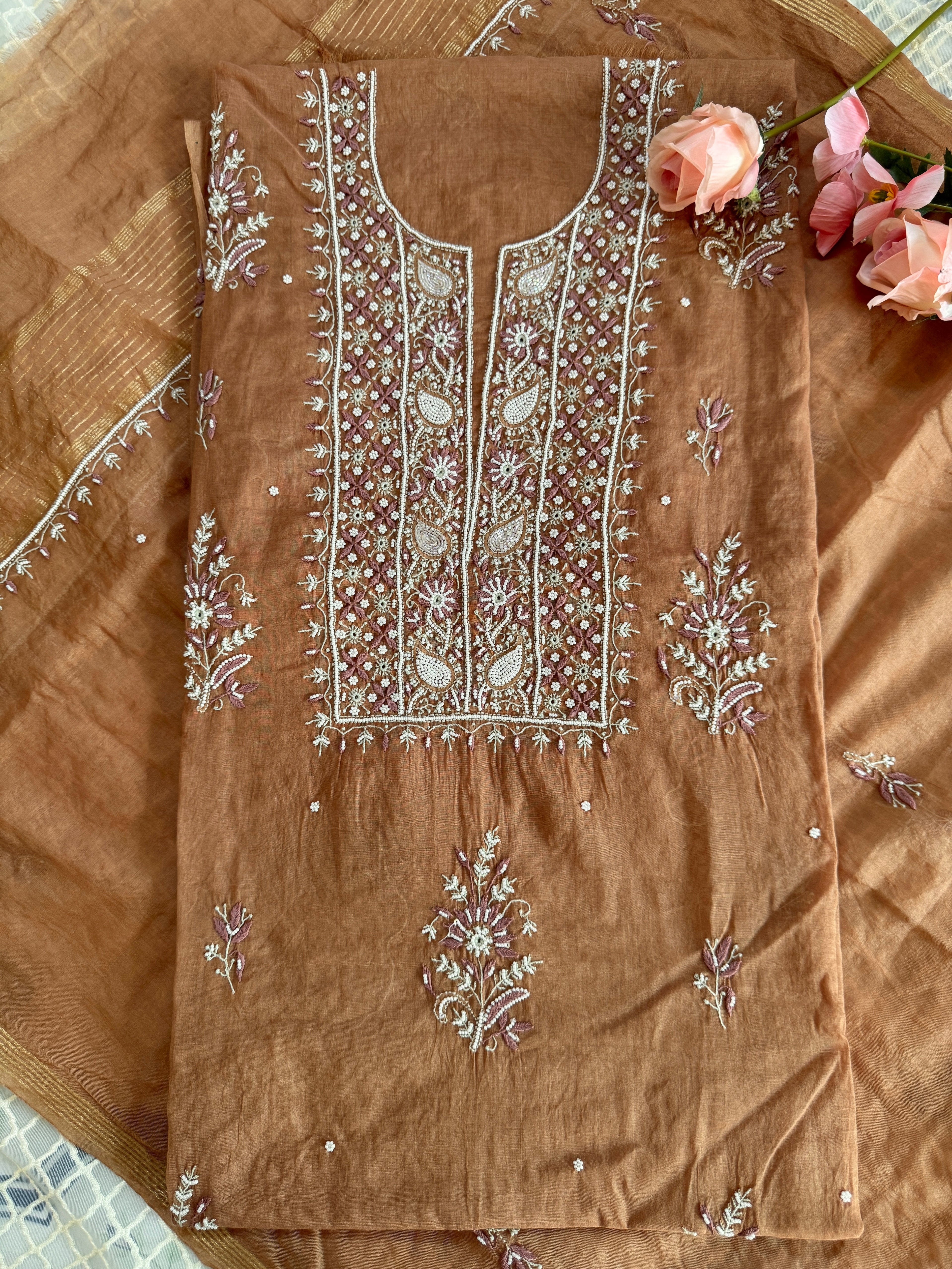 Mul Chanderi Unstitched suit with fine Moti & Cutdana work