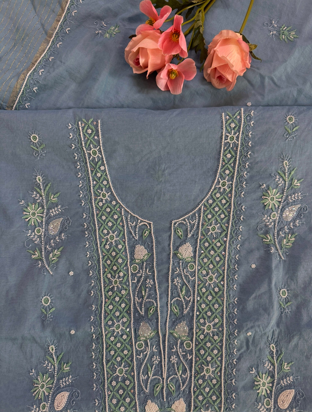 Mul Chanderi Unstitched suit with fine Moti & Cutdana work