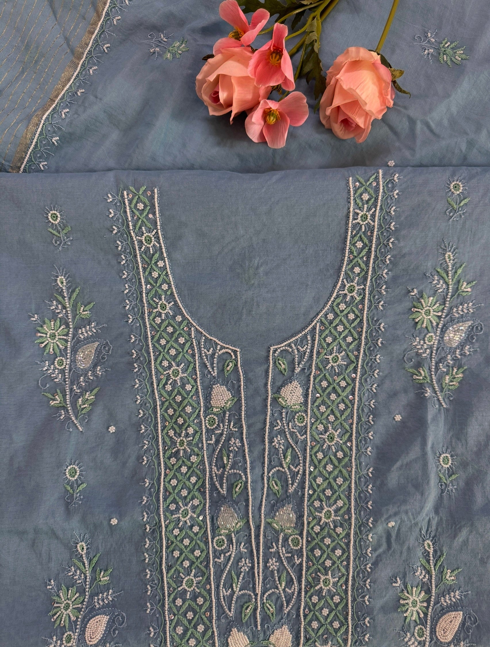 Mul Chanderi Unstitched suit with fine Moti & Cutdana work