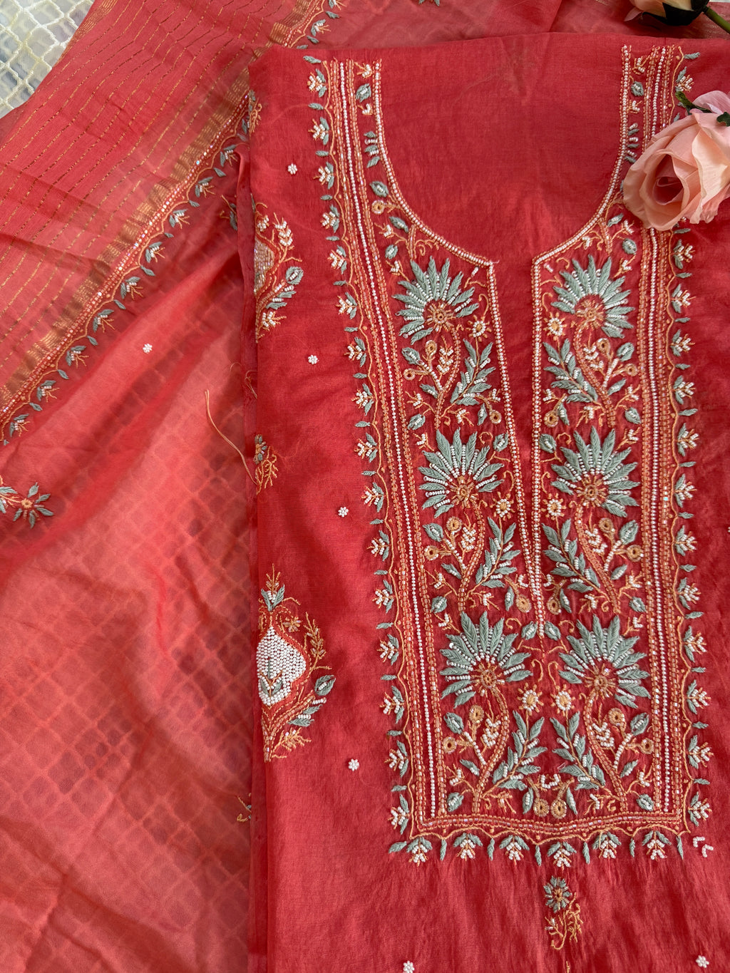 Mul Chanderi Unstitched suit with fine Moti & Cutdana work