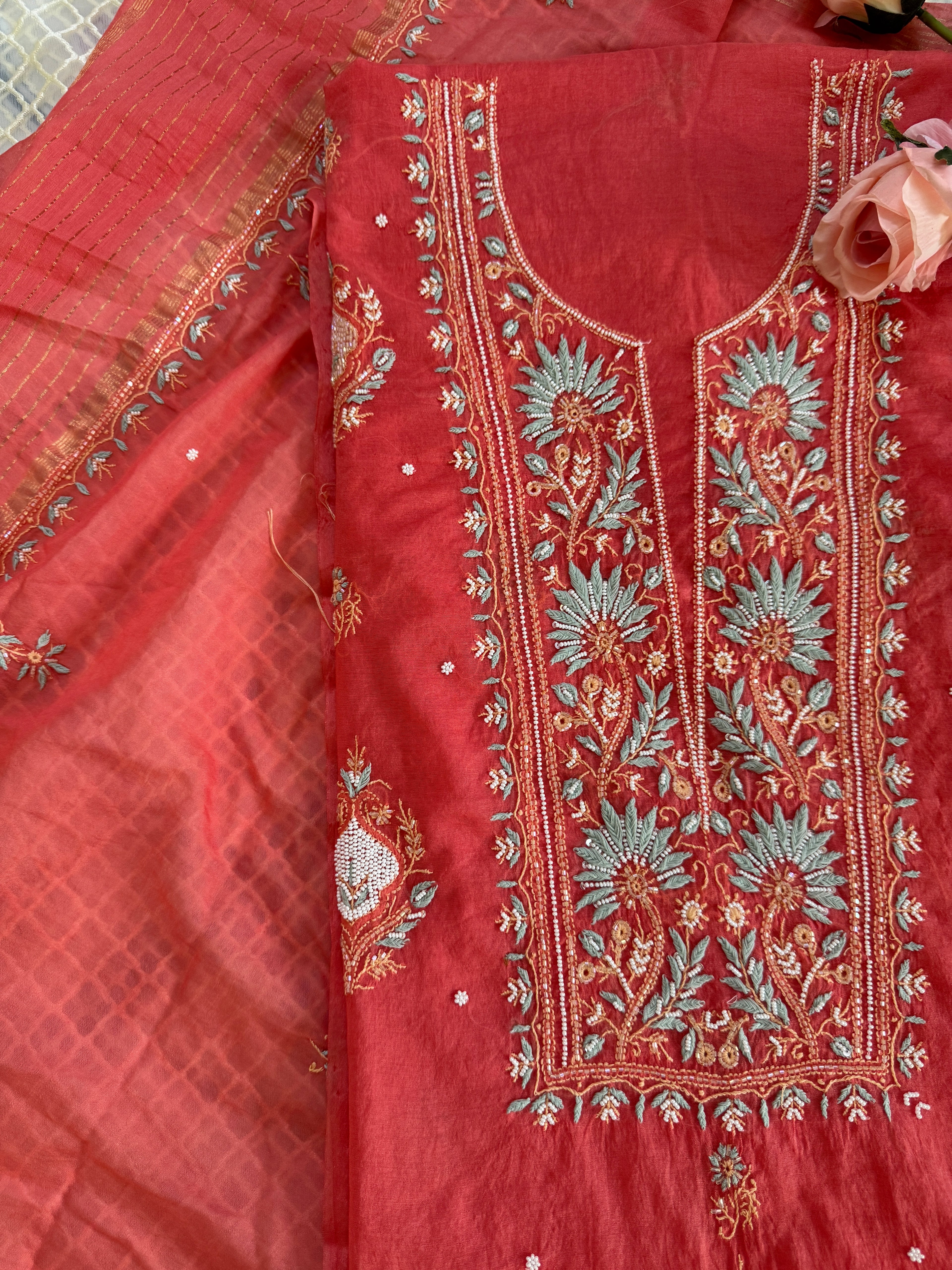 Mul Chanderi Unstitched suit with fine Moti & Cutdana work