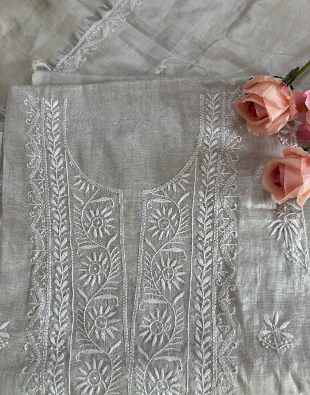 Tissue Silk Unstitched Suit with thread work