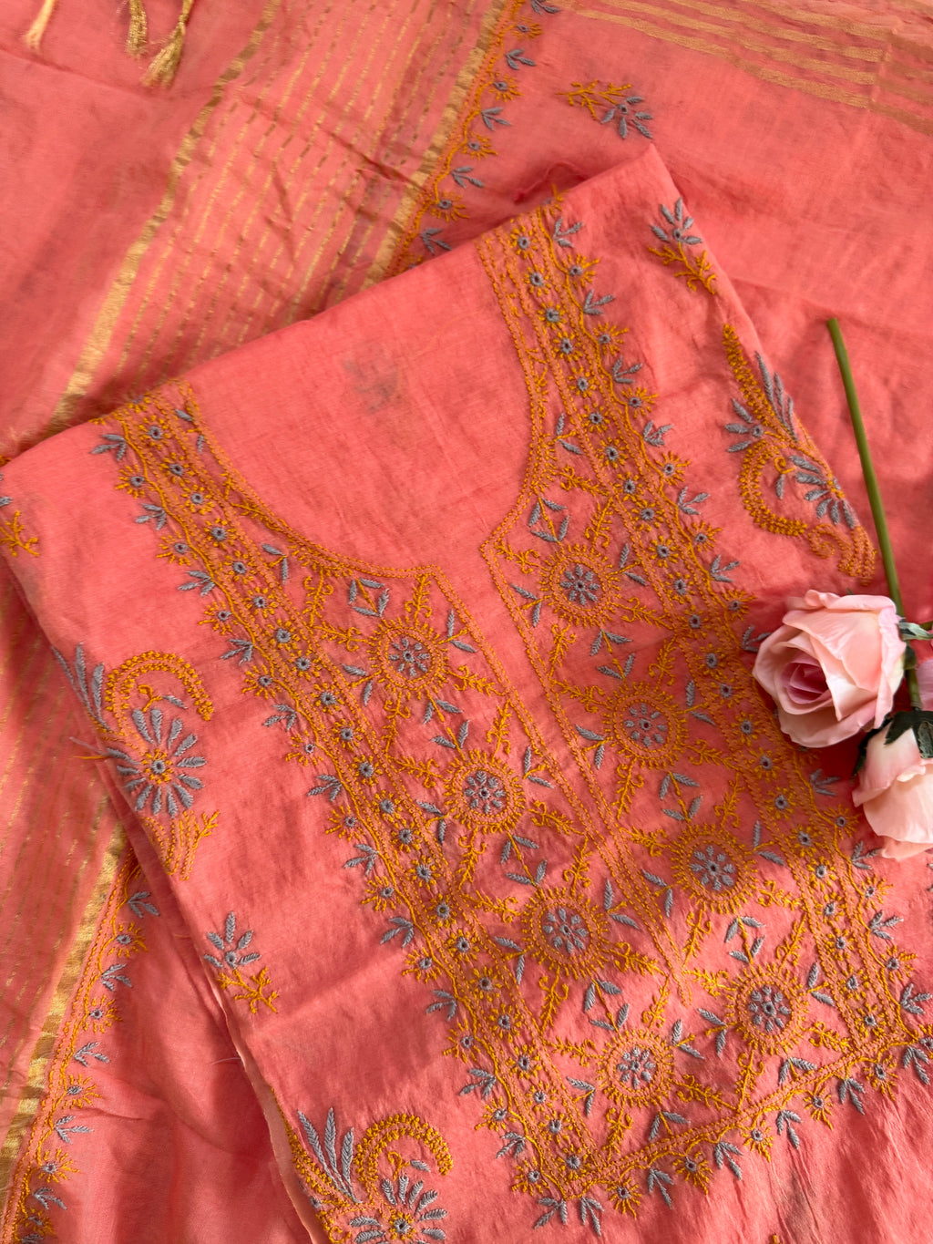 Mul Chanderi Unstitched Suit with thread work