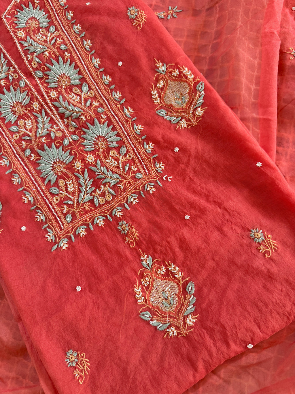 Mul Chanderi Unstitched suit with fine Moti & Cutdana work