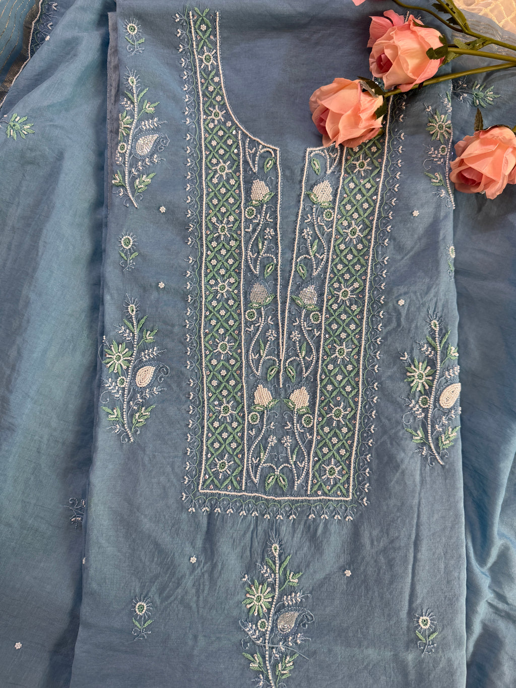 Mul Chanderi Unstitched suit with fine Moti & Cutdana work