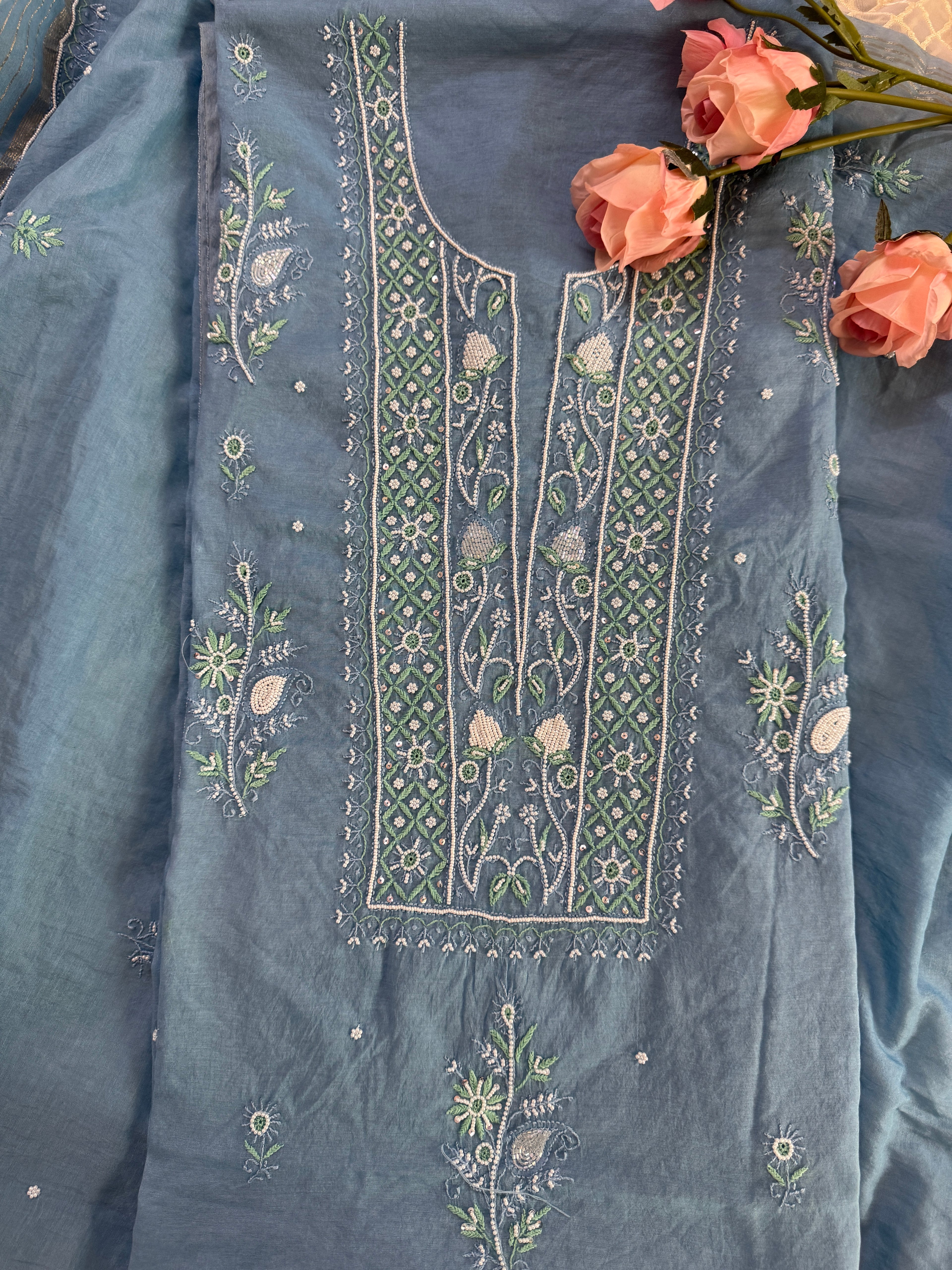 Mul Chanderi Unstitched suit with fine Moti & Cutdana work
