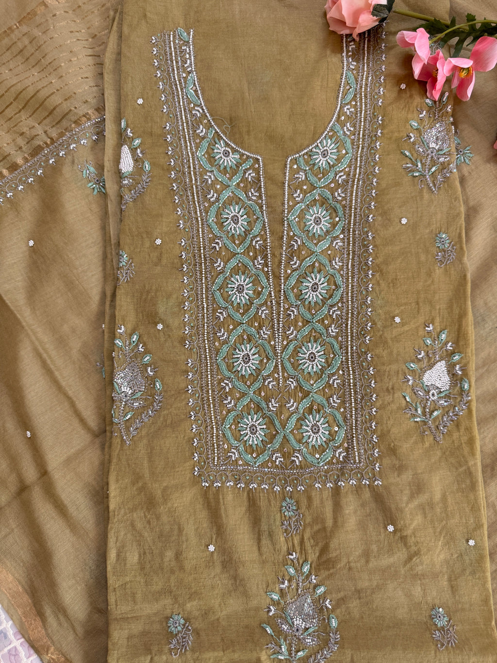 Mul Chanderi Unstitched suit with fine Moti & Cutdana work