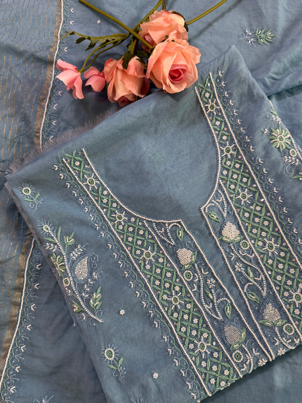 Mul Chanderi Unstitched suit with fine Moti & Cutdana work
