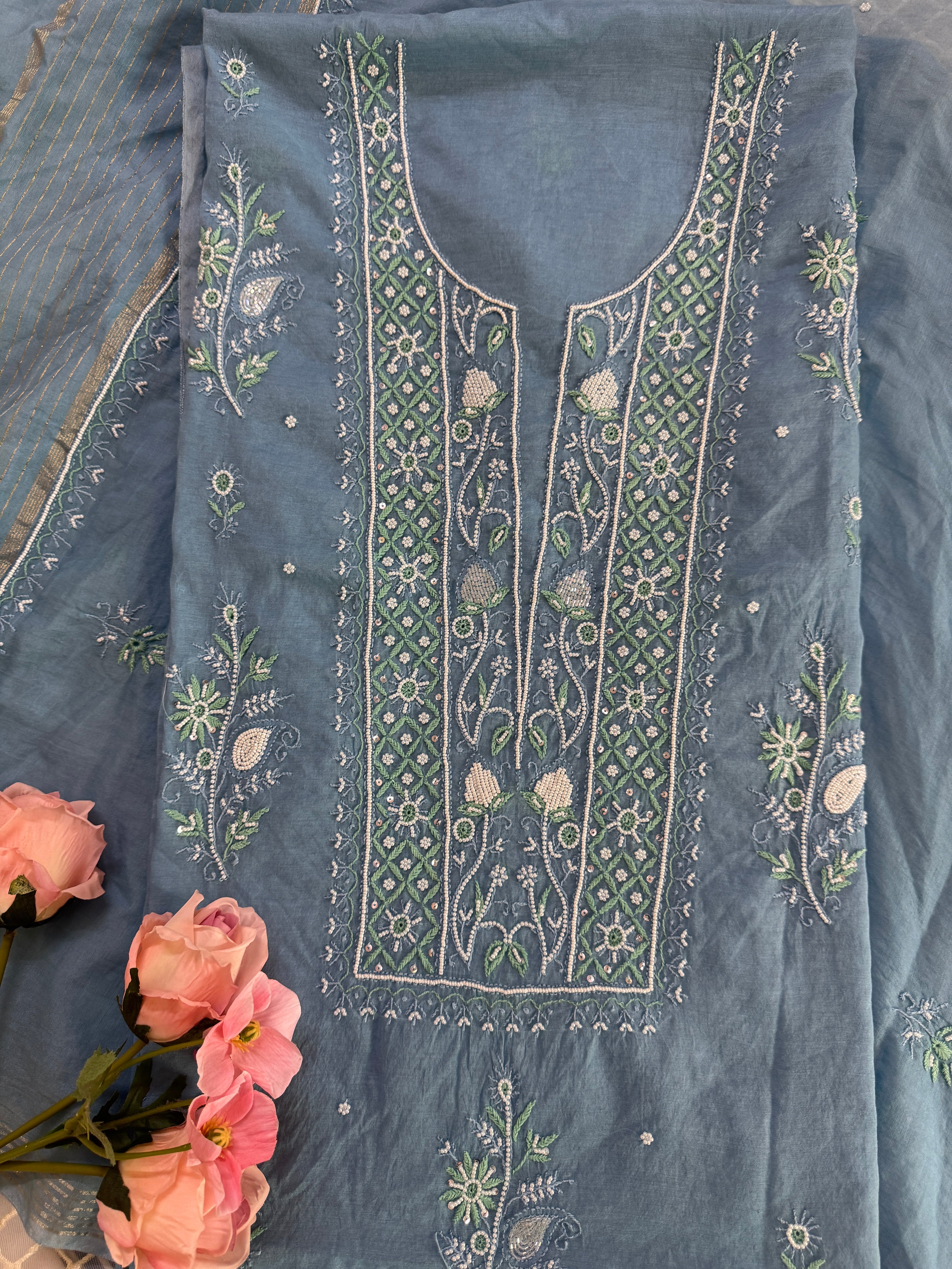 Mul Chanderi Unstitched suit with fine Moti & Cutdana work