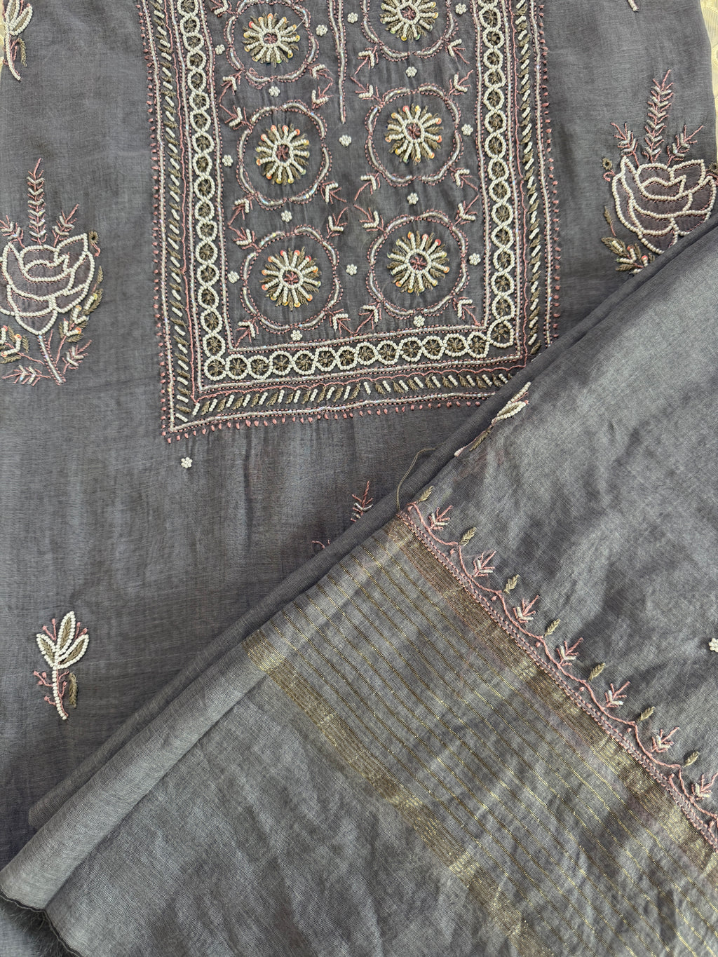 Mul Chanderi Unstitched suit with fine Moti & Cutdana work