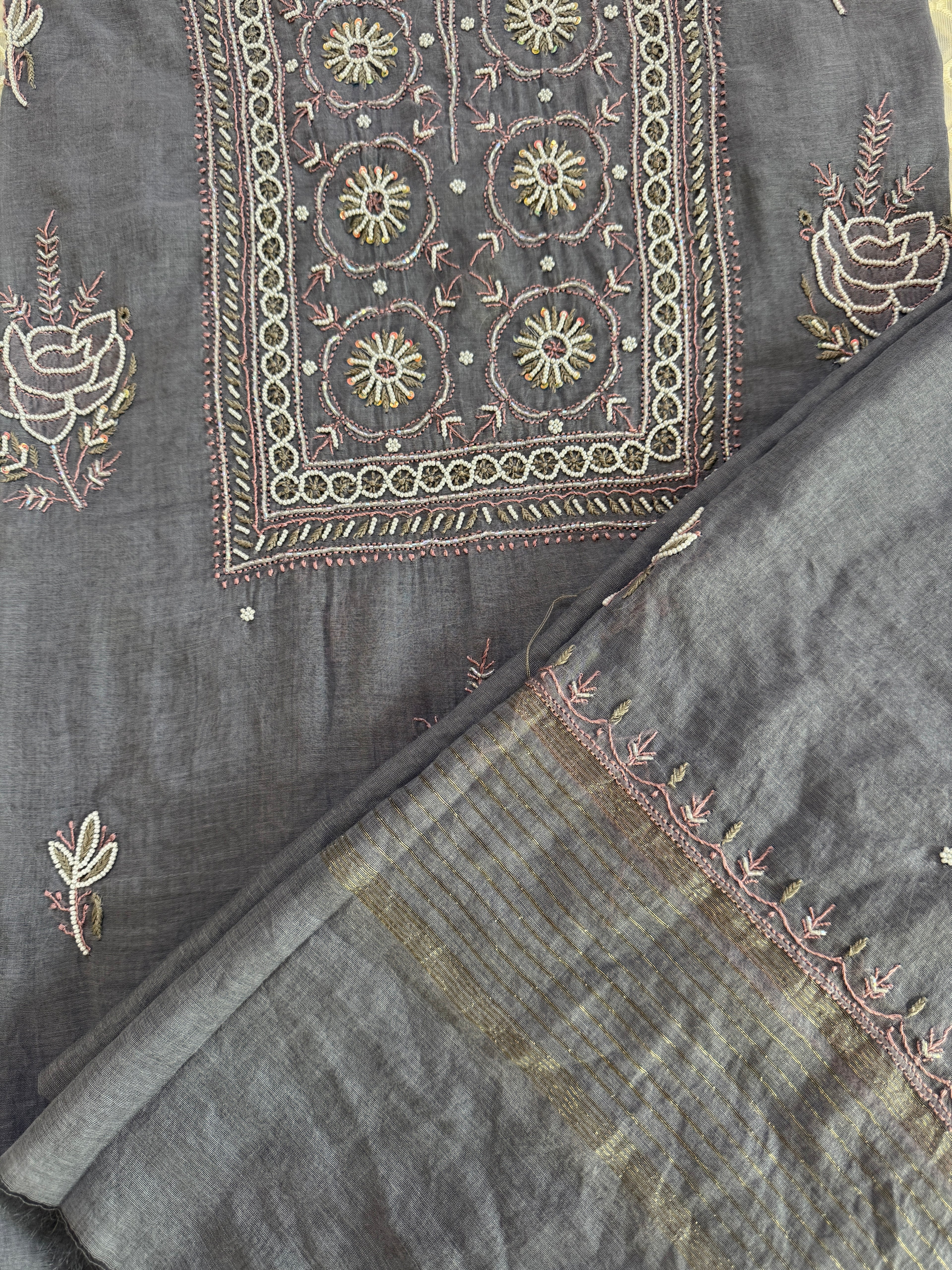 Mul Chanderi Unstitched suit with fine Moti & Cutdana work