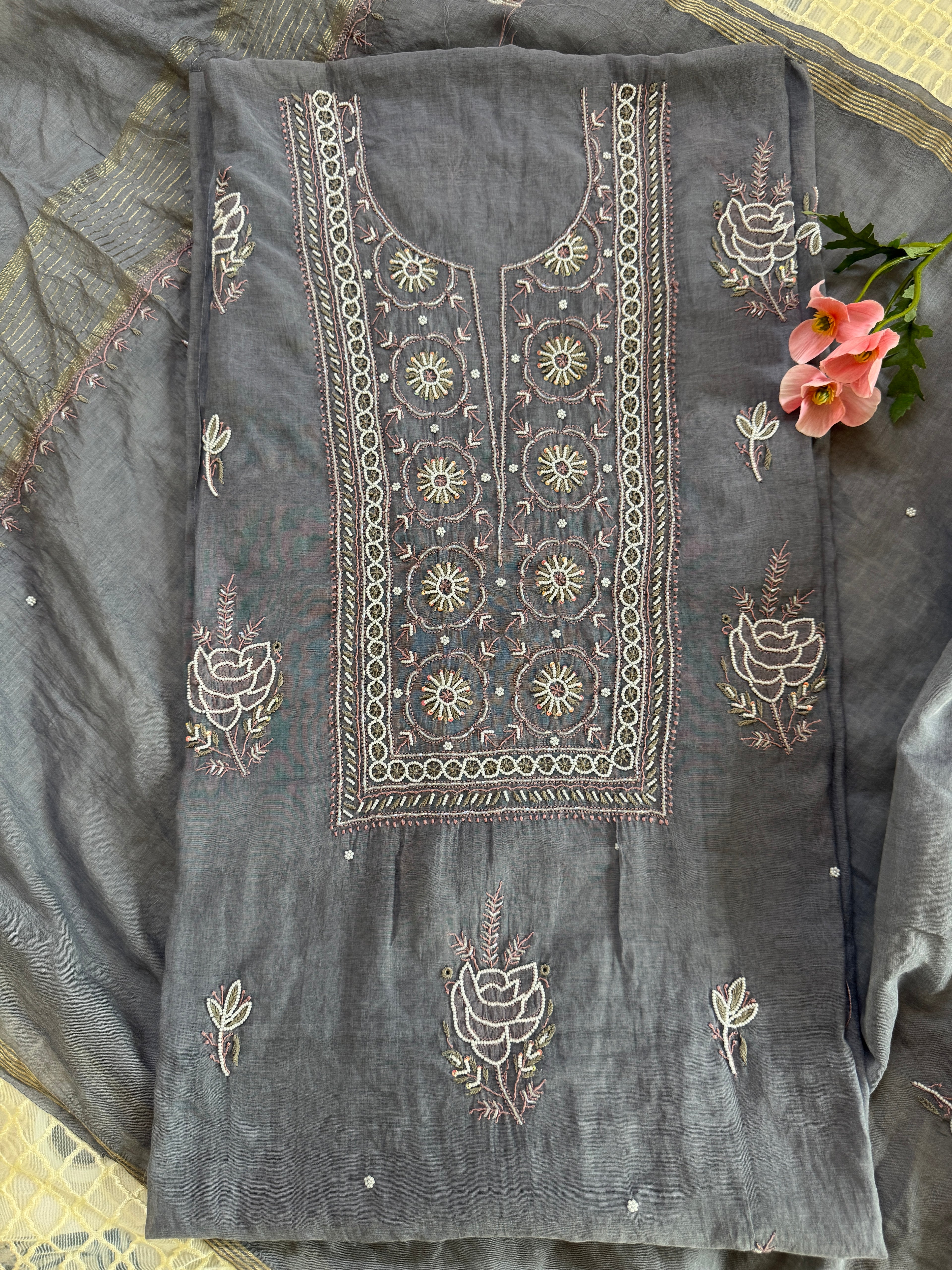 Mul Chanderi Unstitched suit with fine Moti & Cutdana work