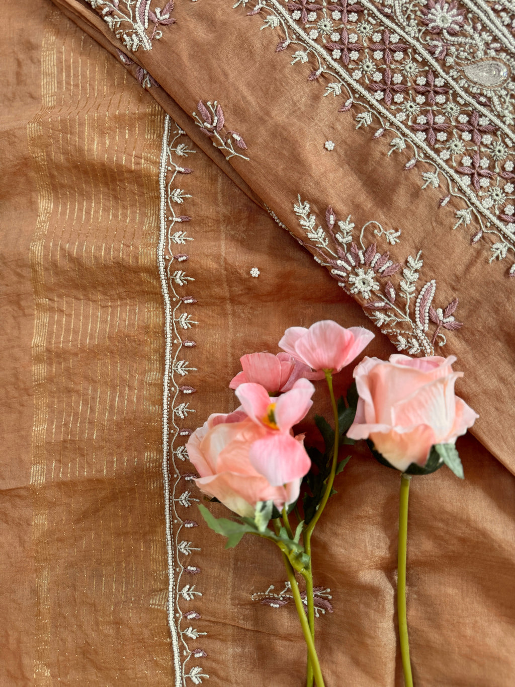 Mul Chanderi Unstitched suit with fine Moti & Cutdana work