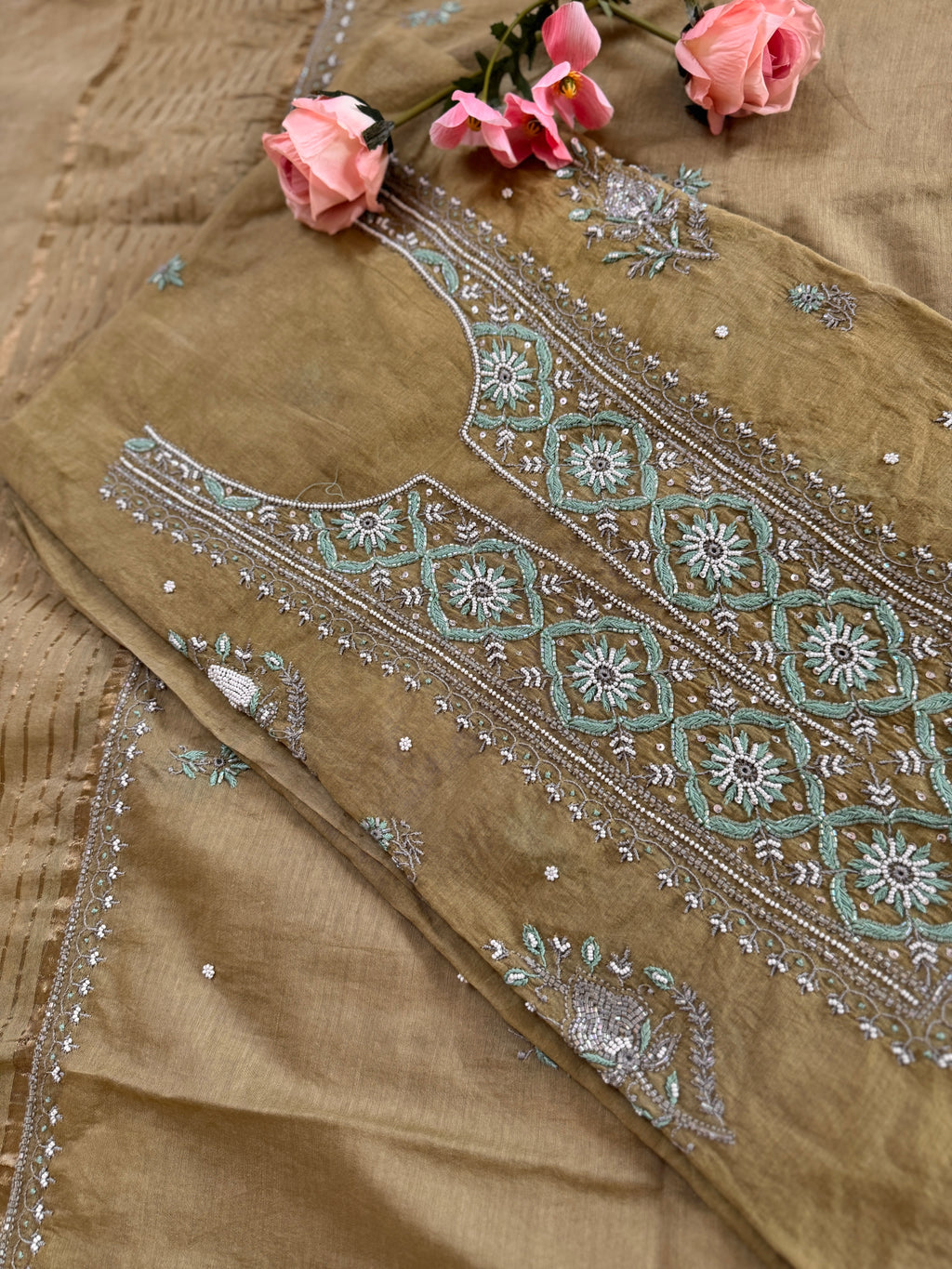Mul Chanderi Unstitched suit with fine Moti & Cutdana work