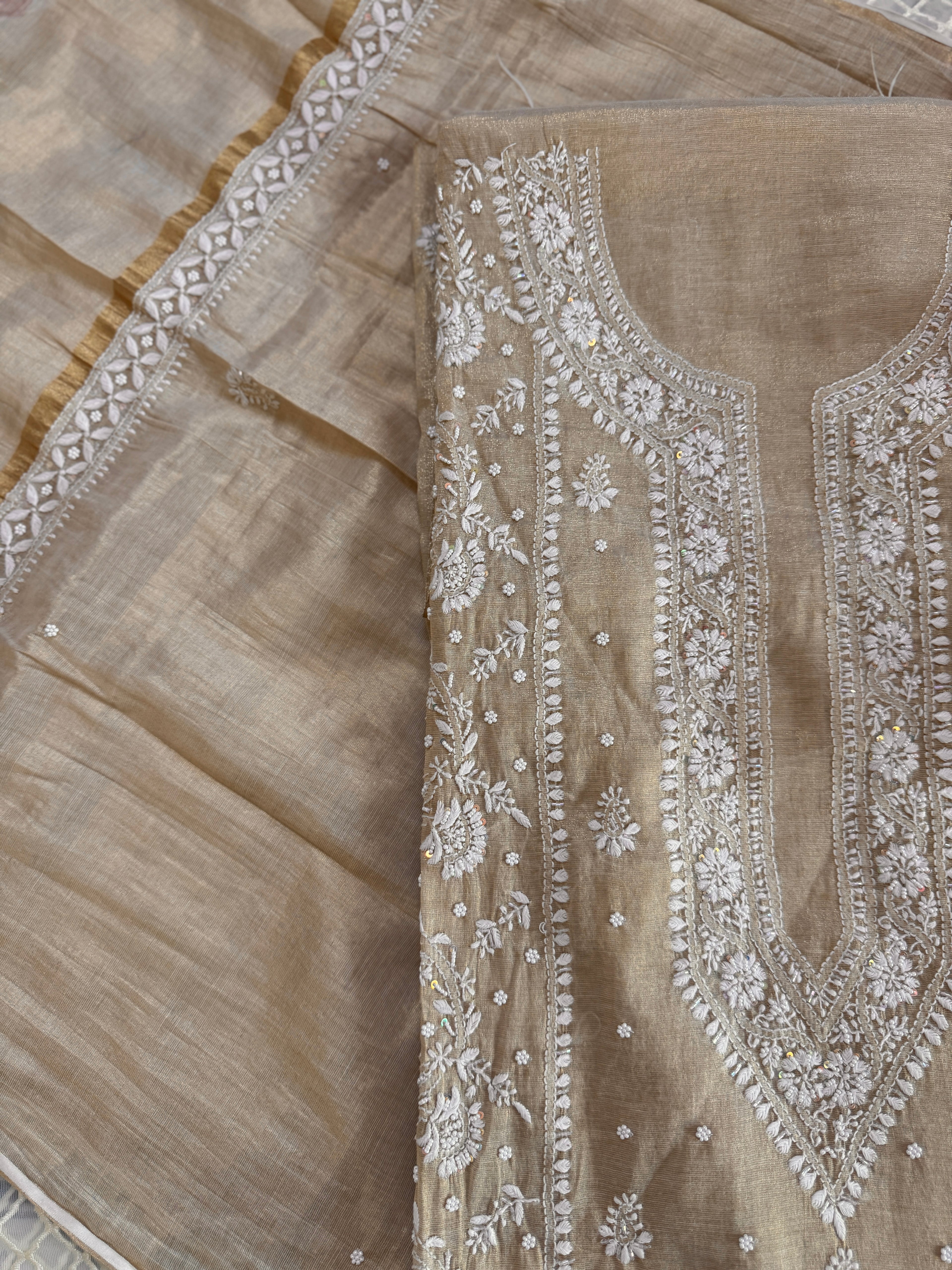 Tissue Silk Unstitched Suit with Moti embellishment