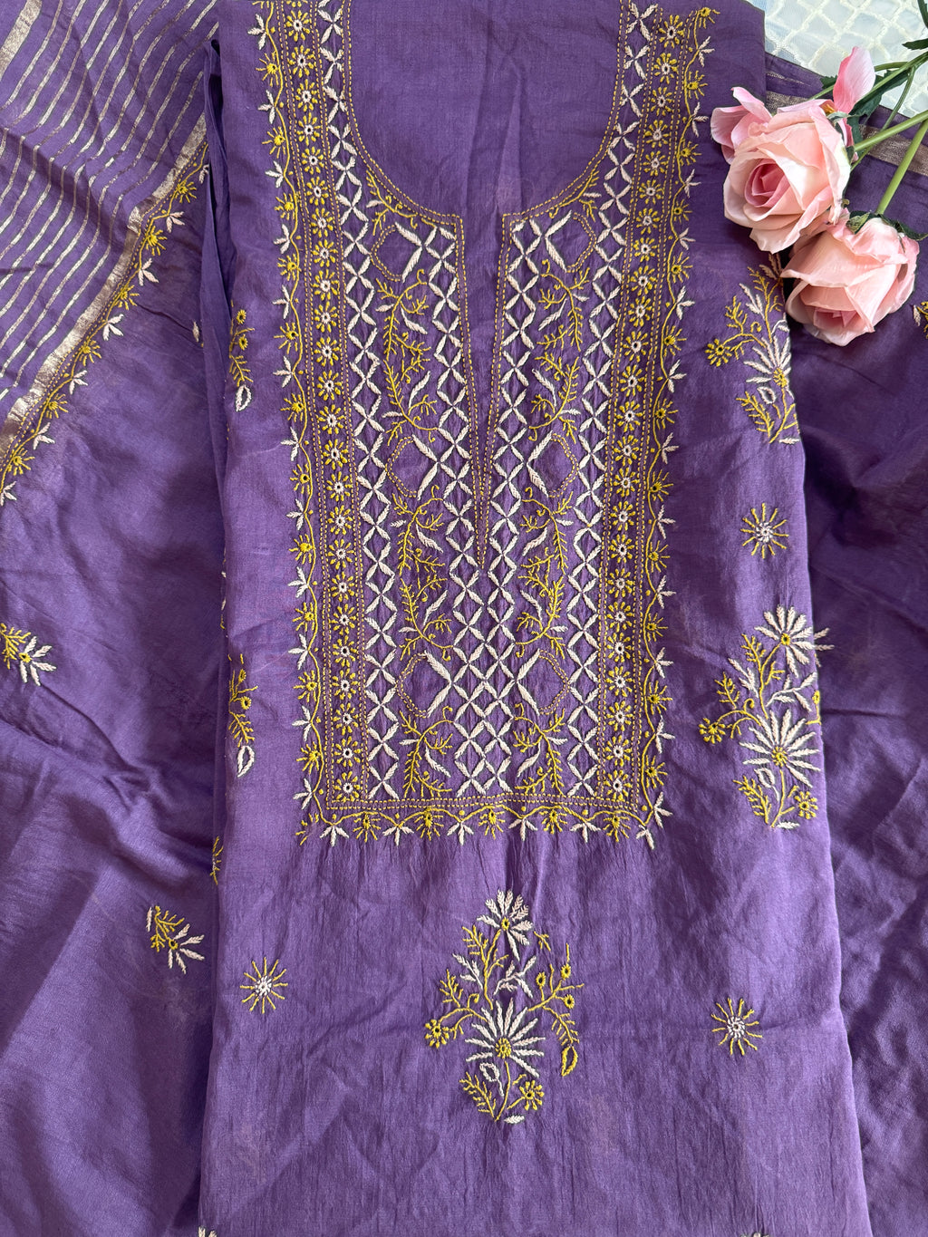 Mul Chanderi Unstitched Suit with thread work