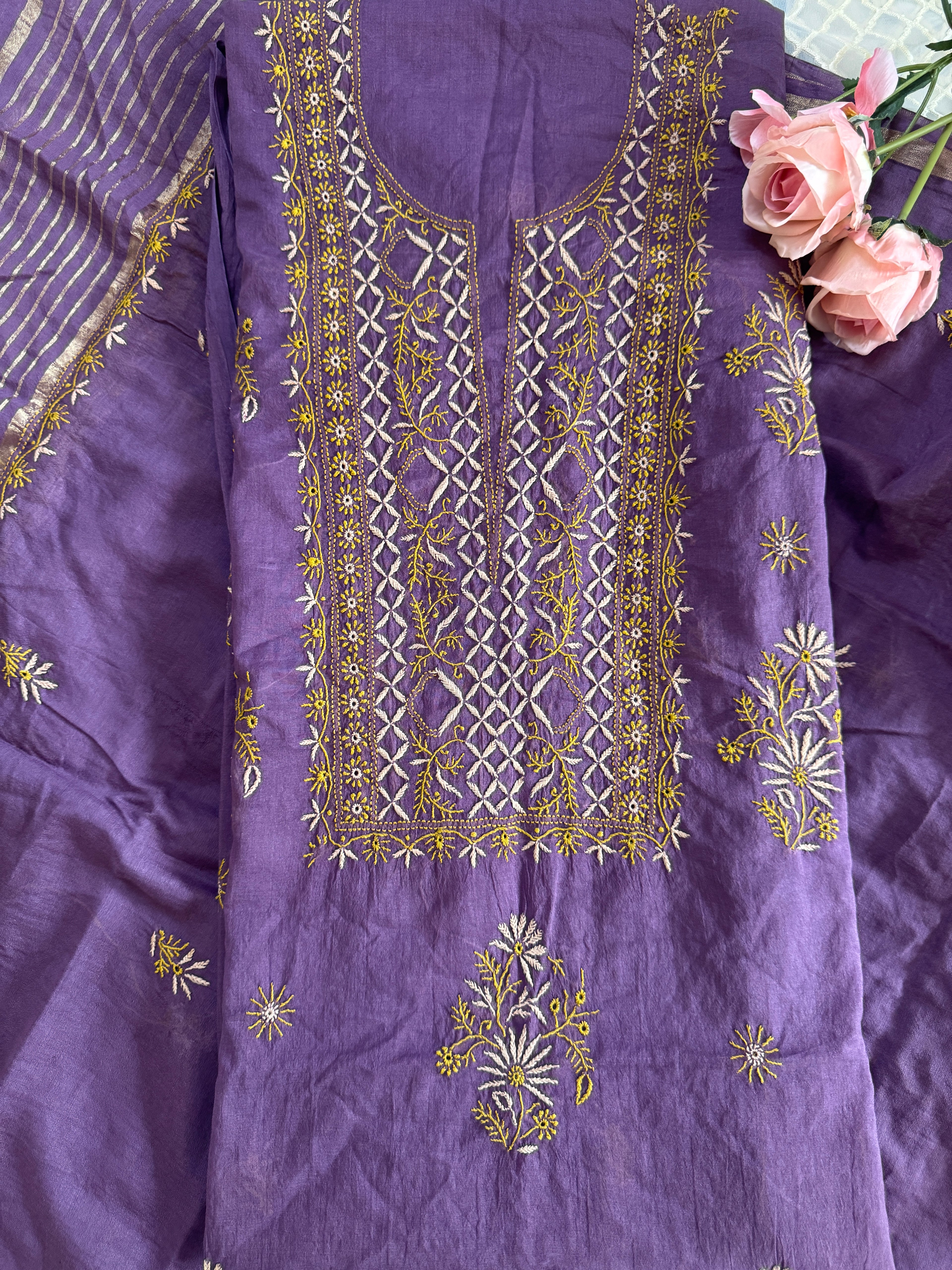 Mul Chanderi Unstitched Suit with thread work