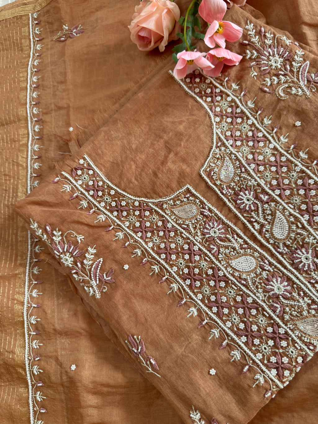 Mul Chanderi Unstitched suit with fine Moti & Cutdana work