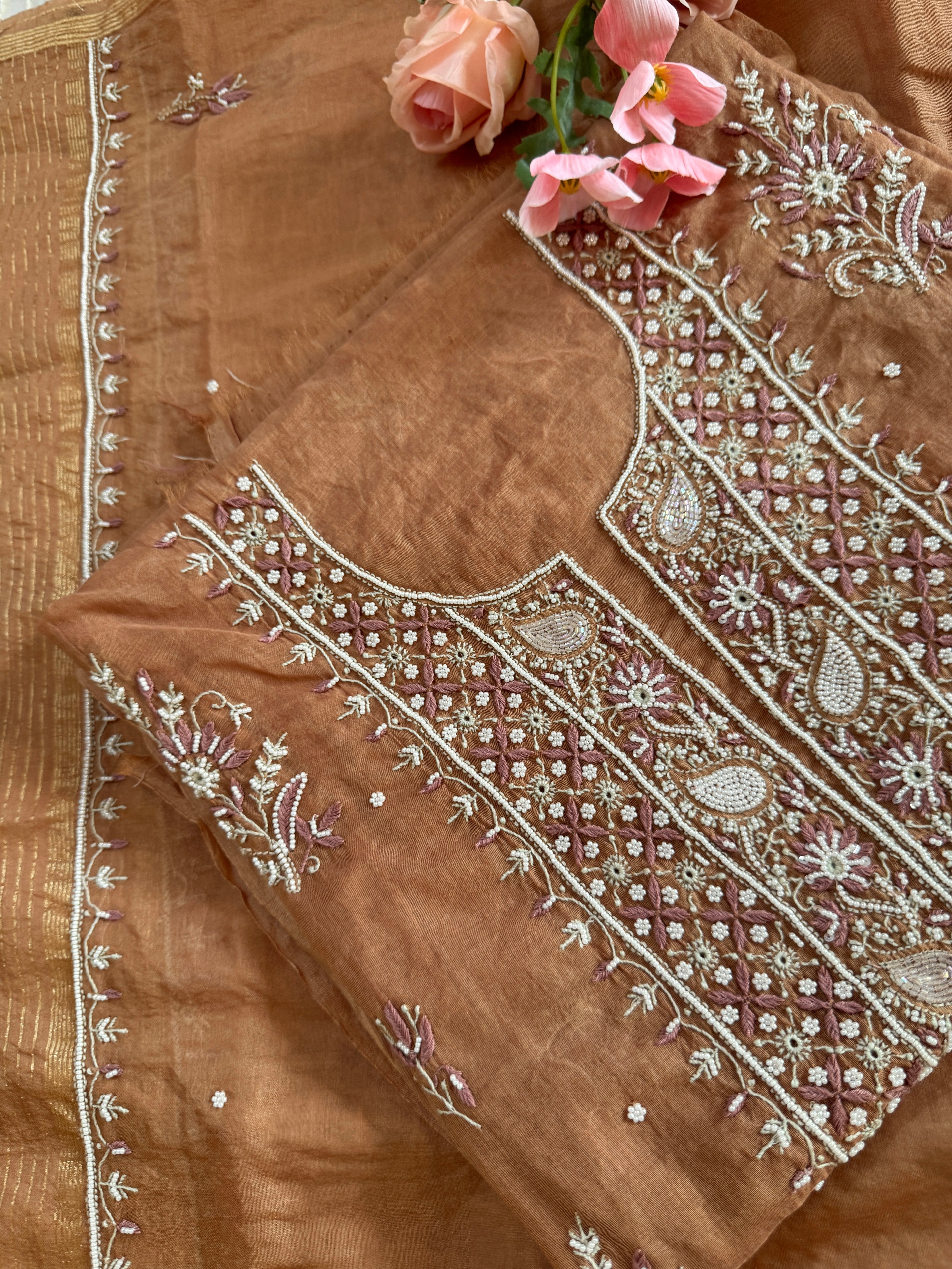 Mul Chanderi Unstitched suit with fine Moti & Cutdana work