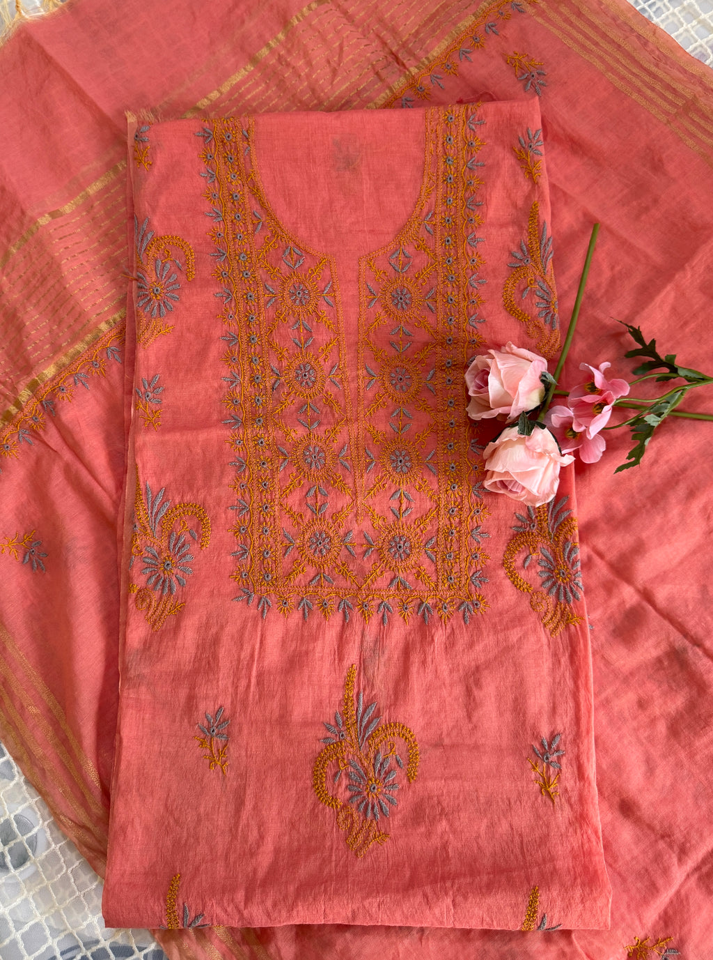 Mul Chanderi Unstitched Suit with thread work