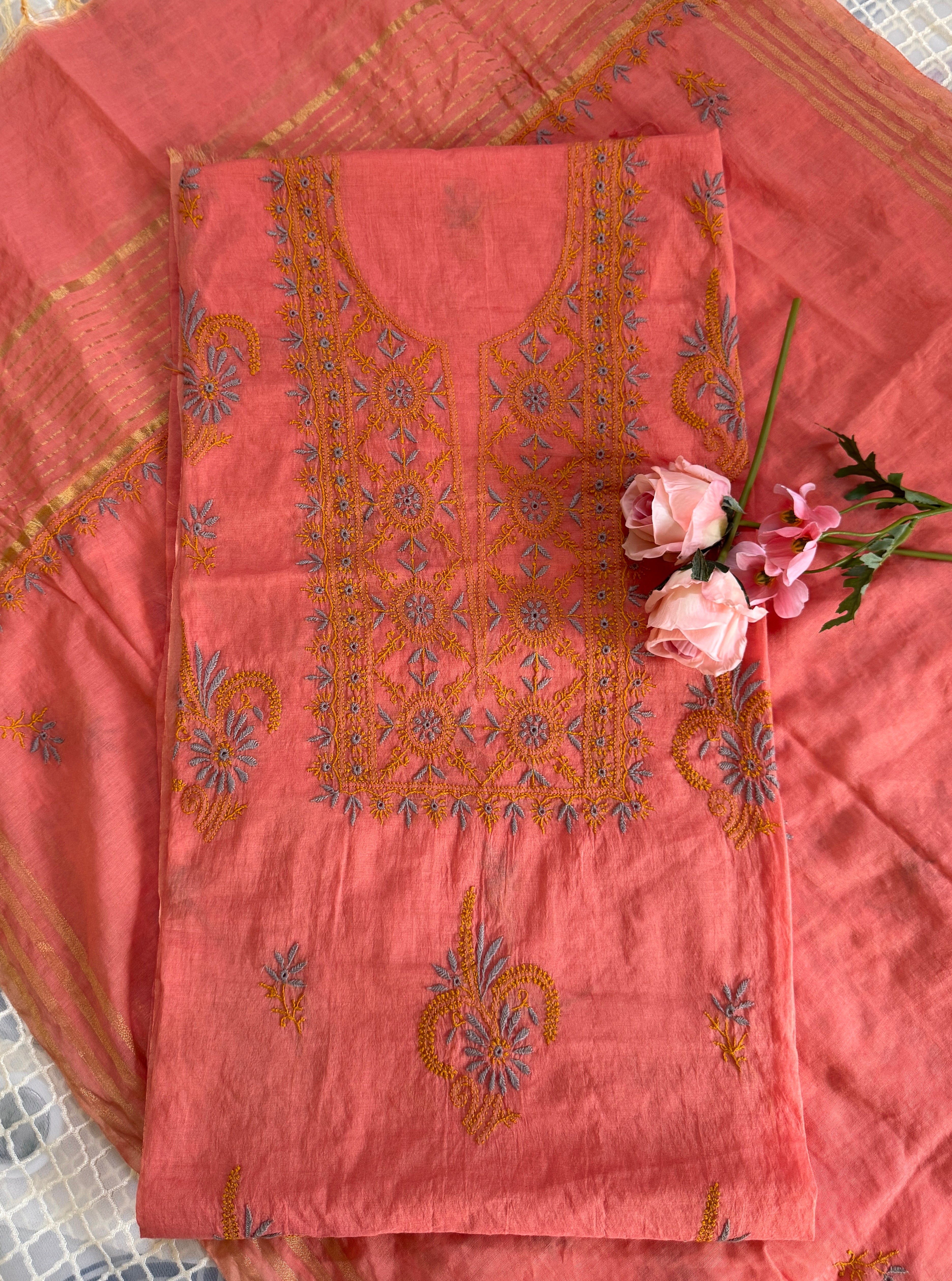 Mul Chanderi Unstitched Suit with thread work