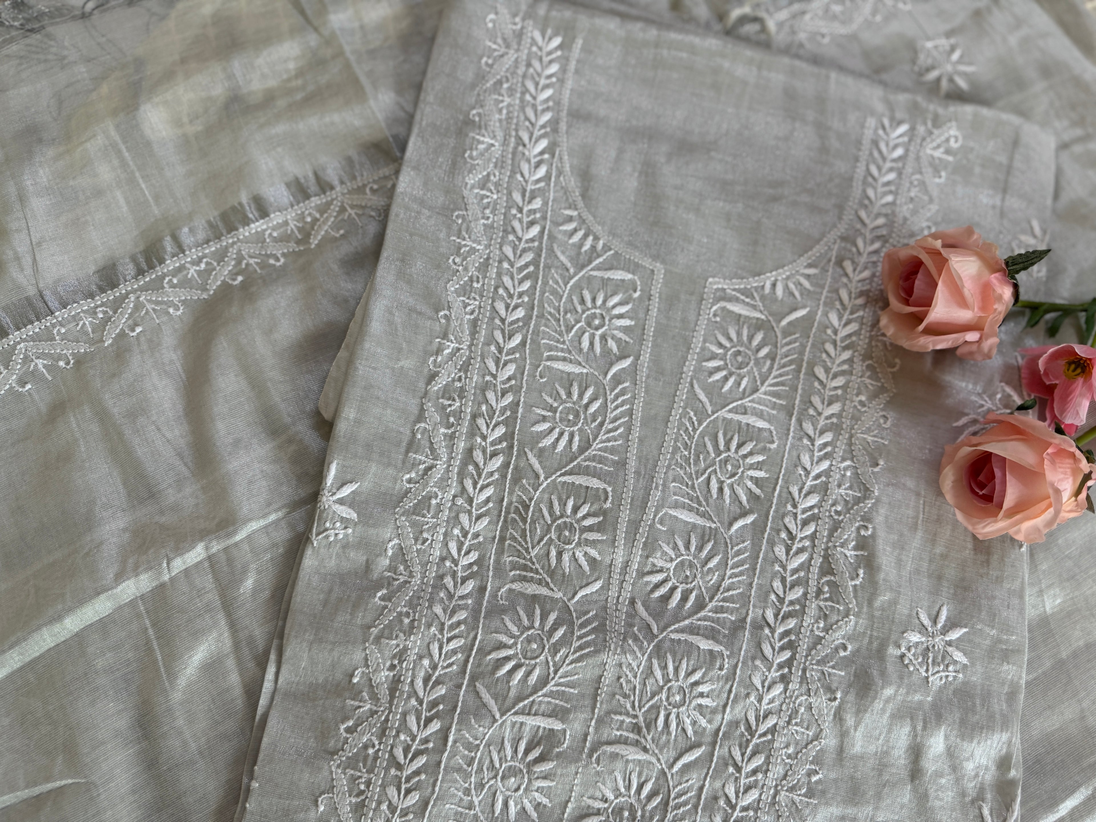 Tissue Silk Unstitched Suit with thread work