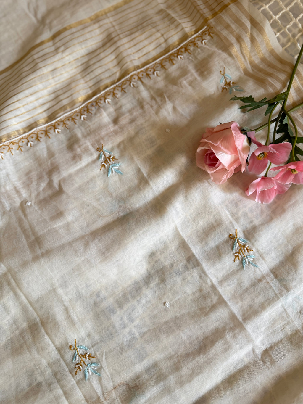 Mul Chanderi Unstitched suit with fine Moti & Cutdana work