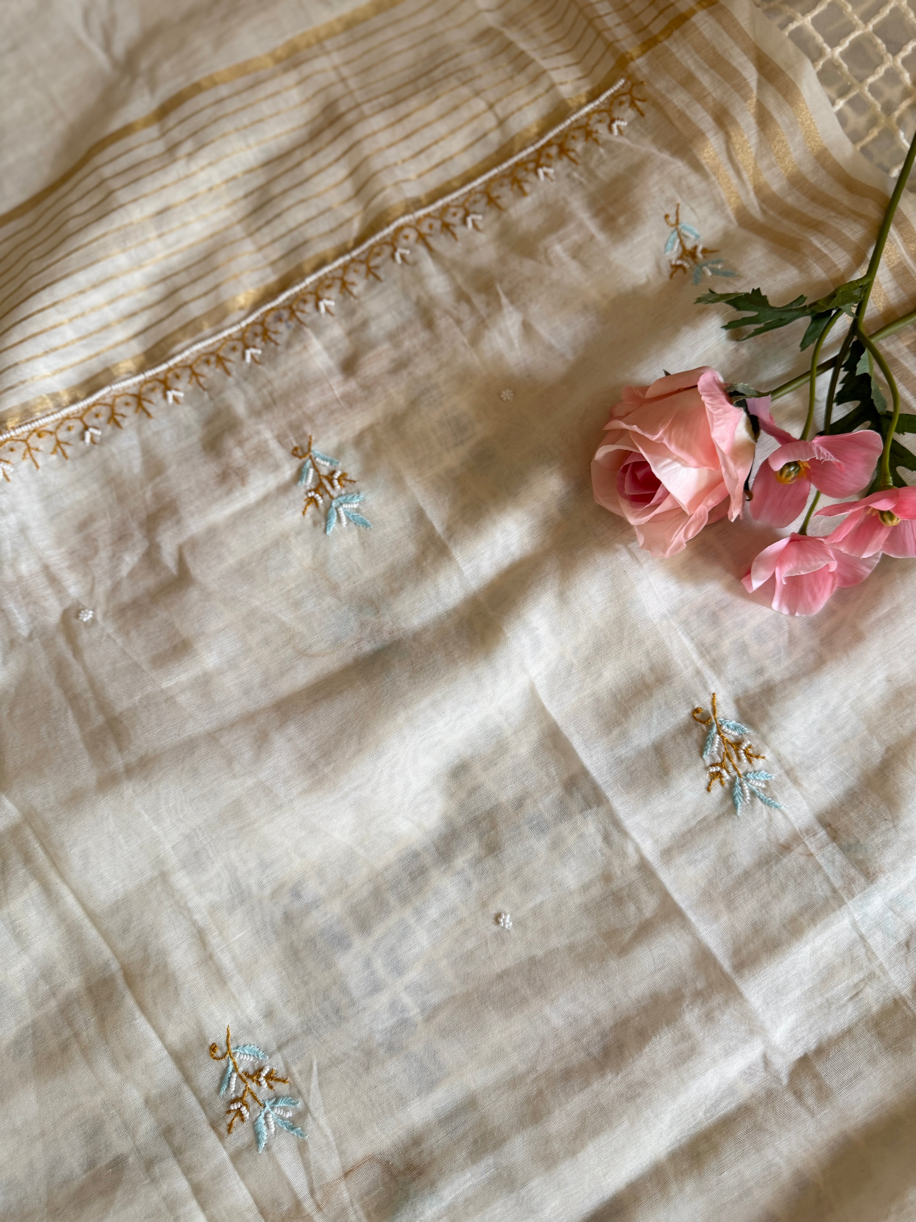 Mul Chanderi Unstitched suit with fine Moti & Cutdana work