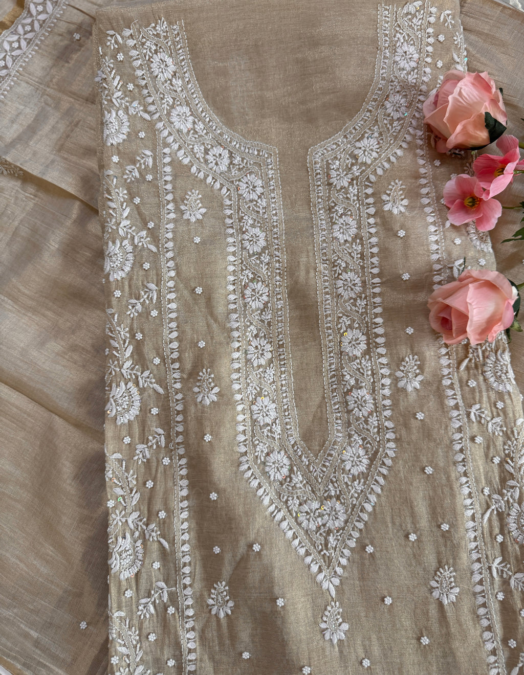 Tissue Silk Unstitched Suit with Moti embellishment