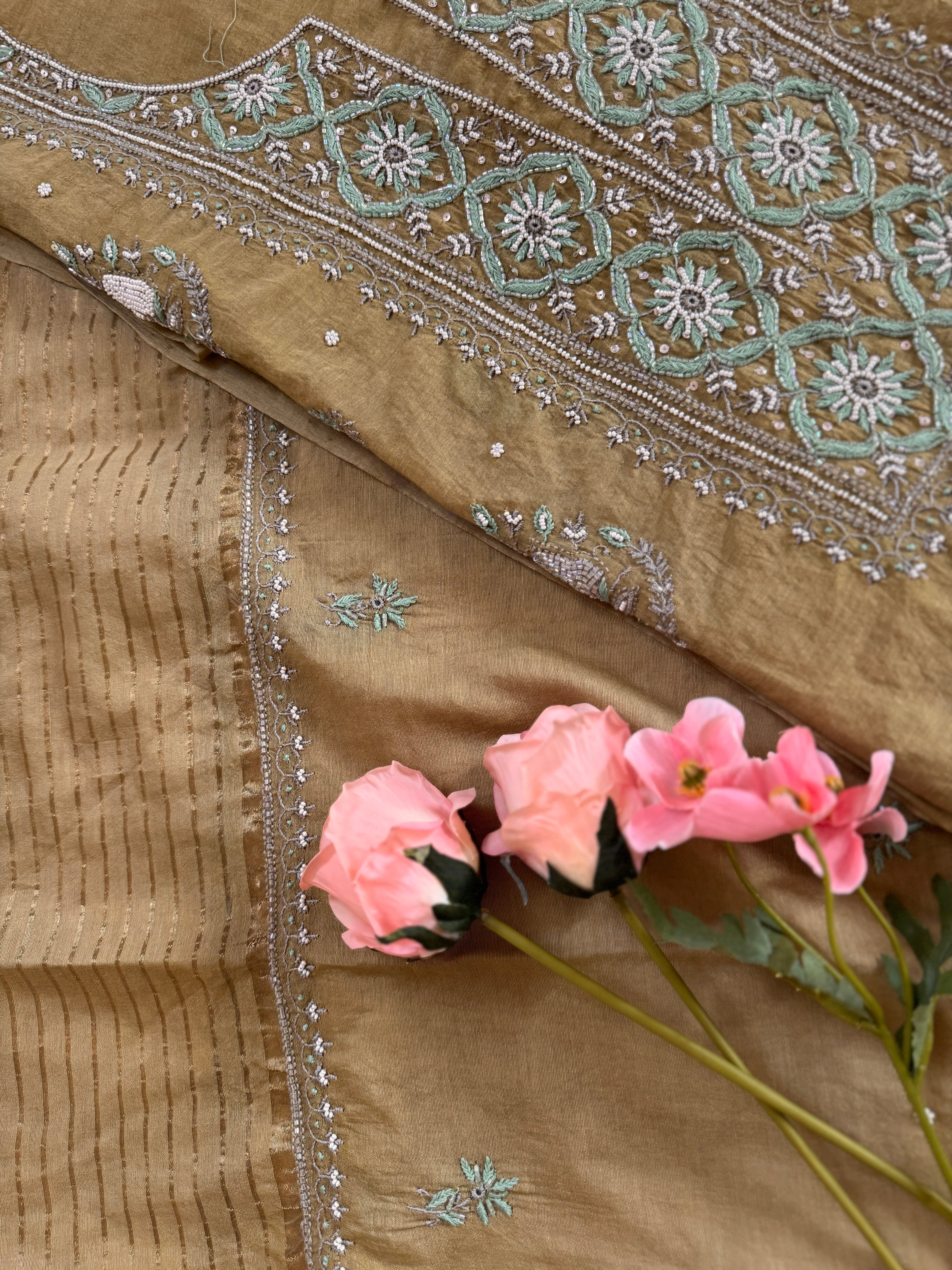 Mul Chanderi Unstitched suit with fine Moti & Cutdana work