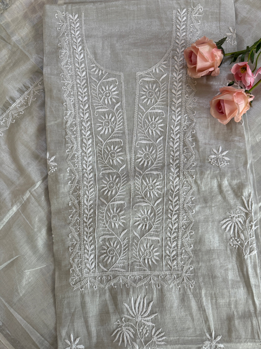 Tissue Silk Unstitched Suit with thread work