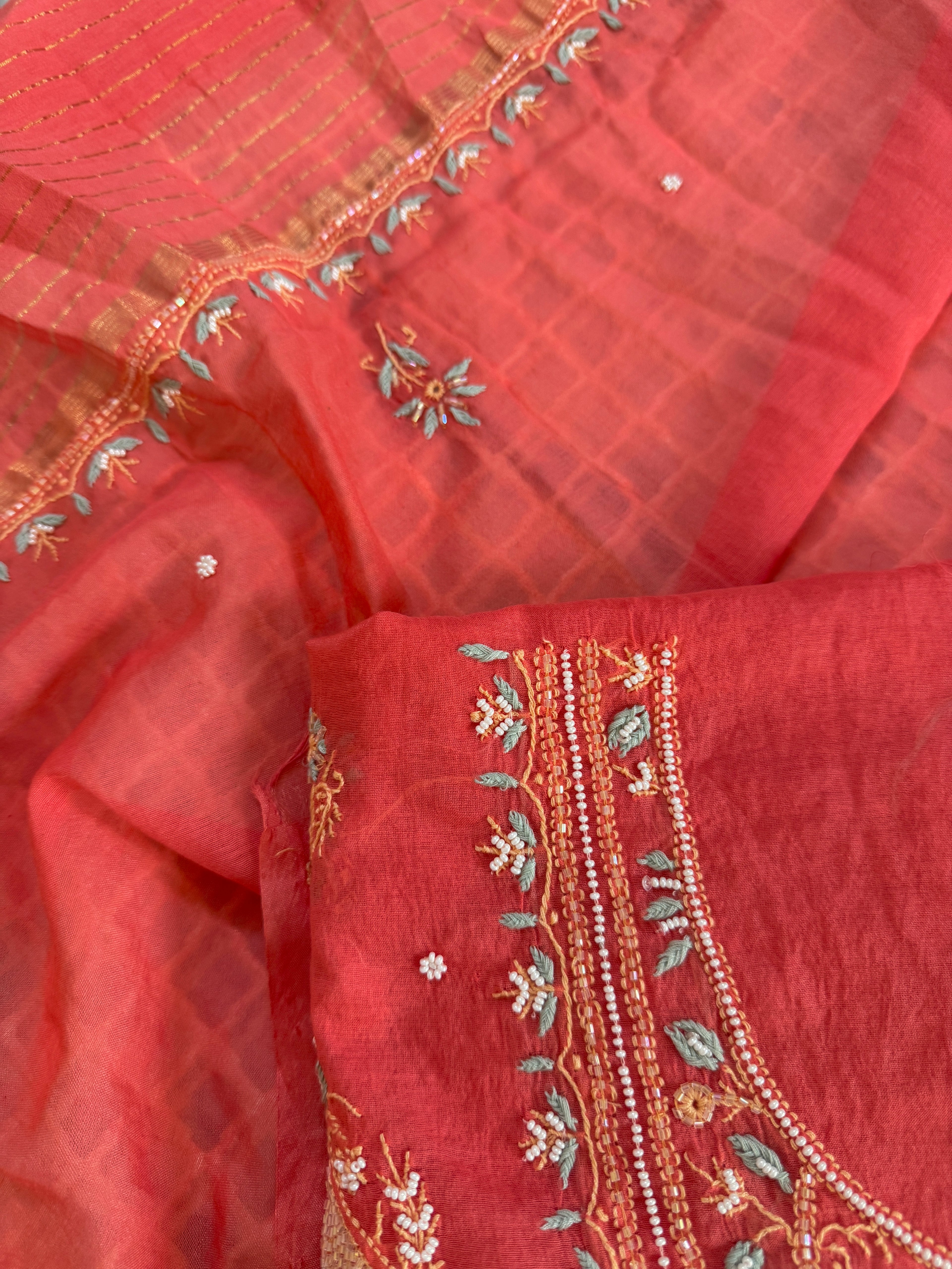 Mul Chanderi Unstitched suit with fine Moti & Cutdana work