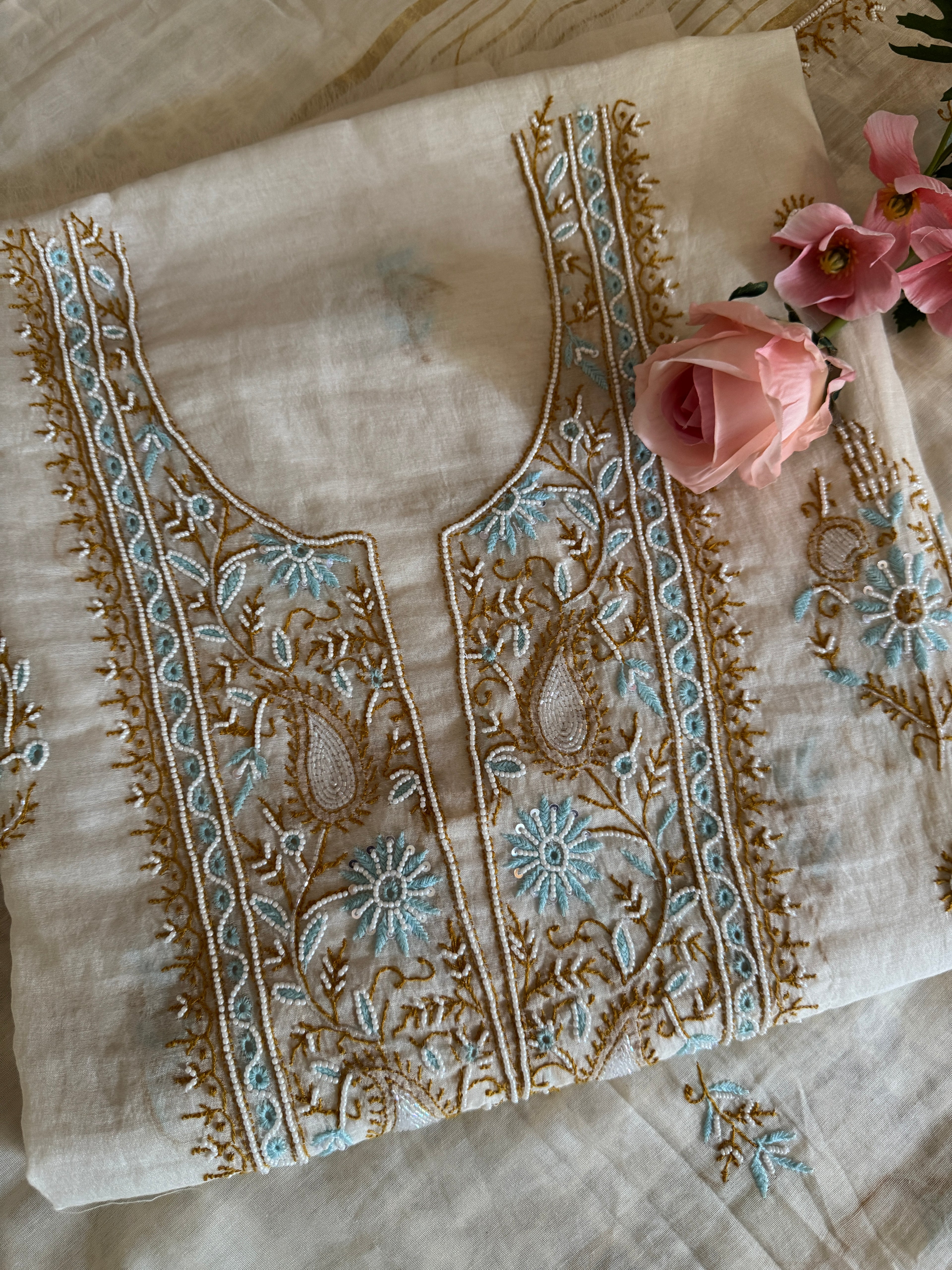 Mul Chanderi Unstitched suit with fine Moti & Cutdana work