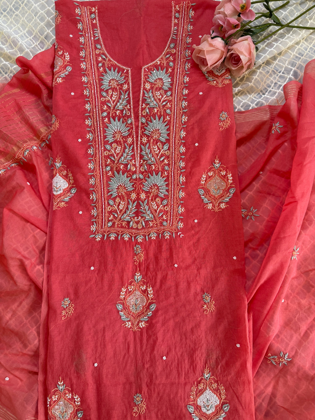 Mul Chanderi Unstitched suit with fine Moti & Cutdana work