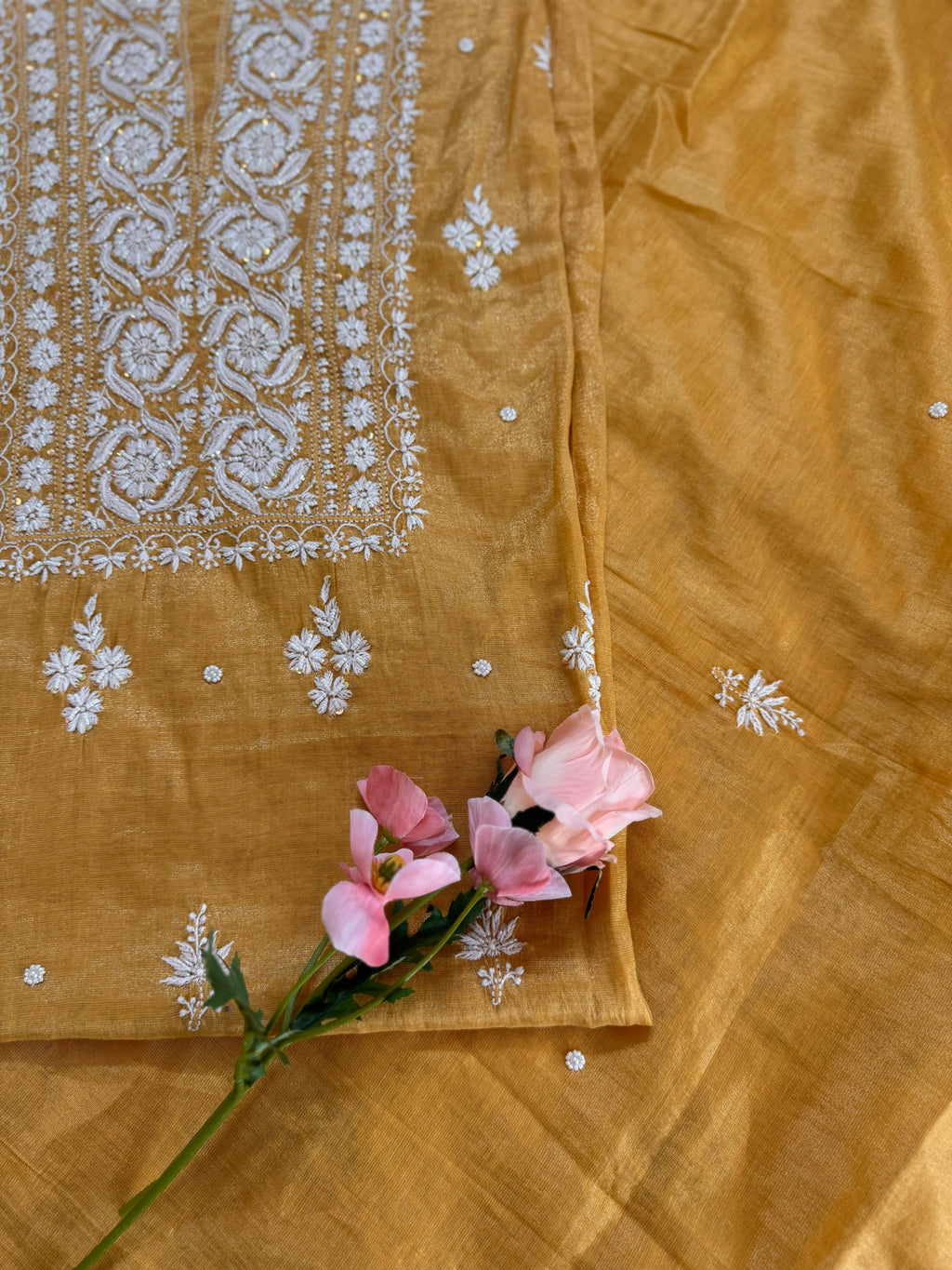 Tissue silk unstitched suit with Moti embellishments