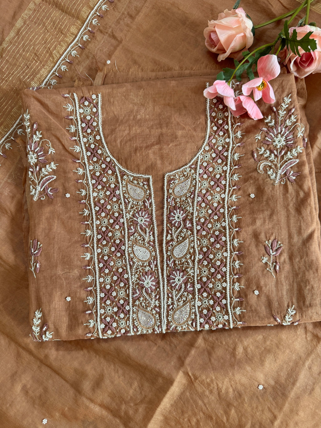 Mul Chanderi Unstitched suit with fine Moti & Cutdana work