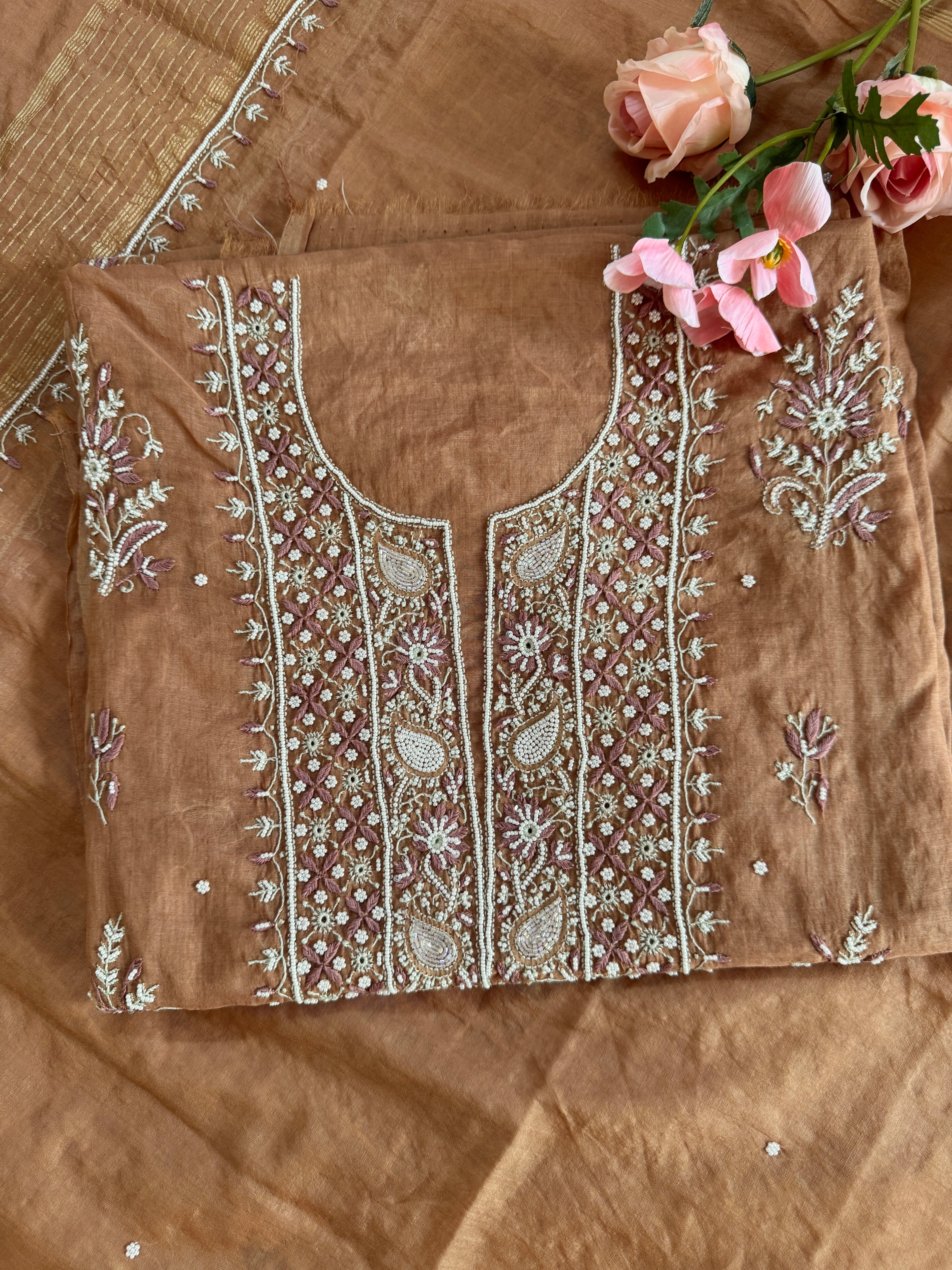 Mul Chanderi Unstitched suit with fine Moti & Cutdana work