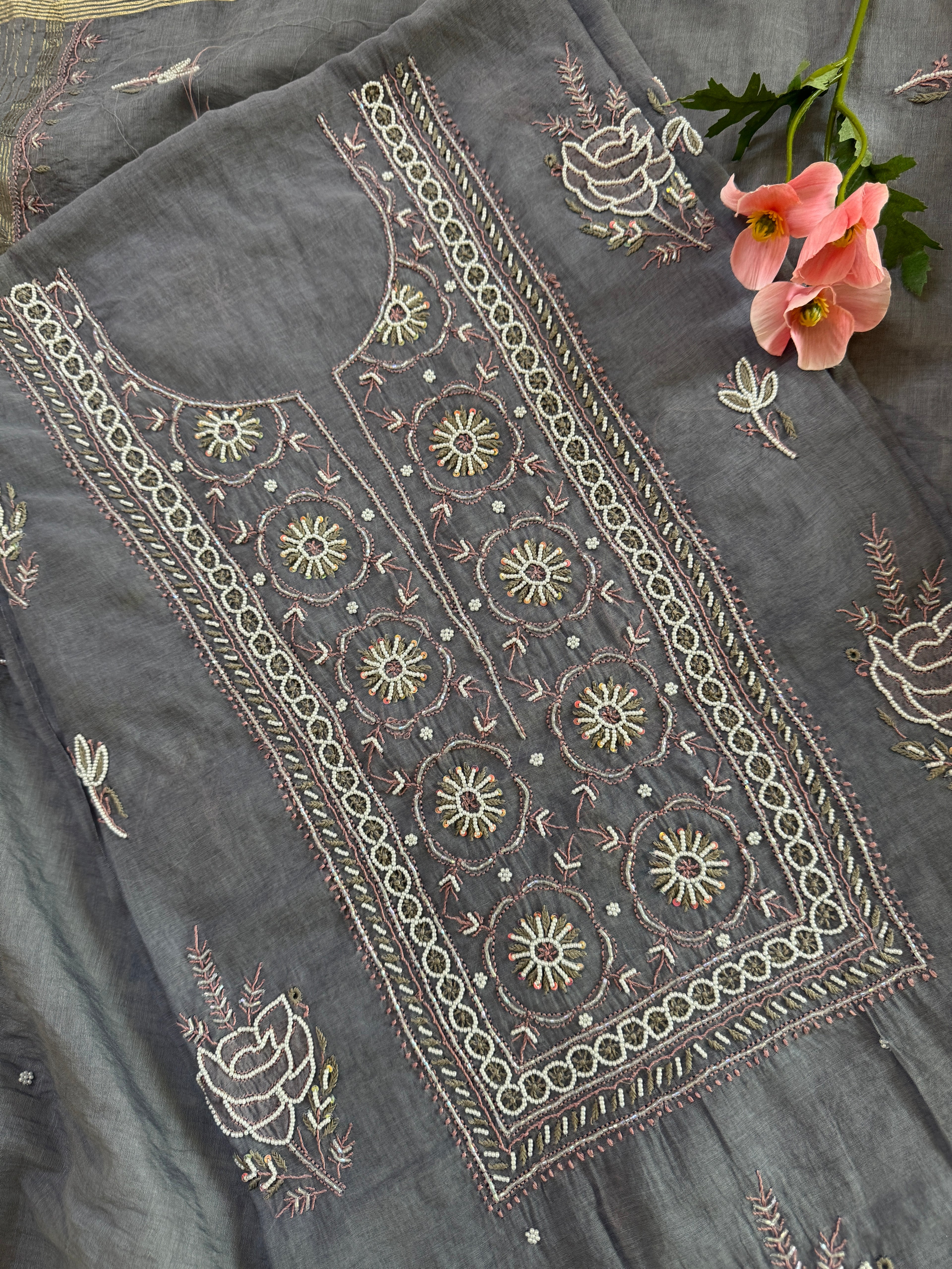 Mul Chanderi Unstitched suit with fine Moti & Cutdana work