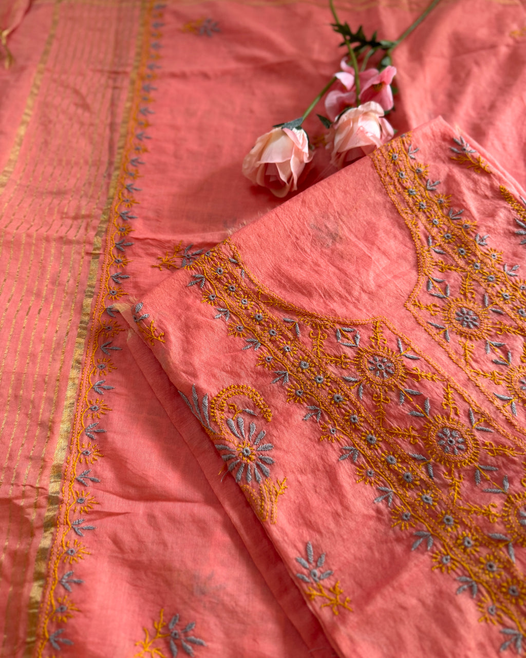 Mul Chanderi Unstitched Suit with thread work