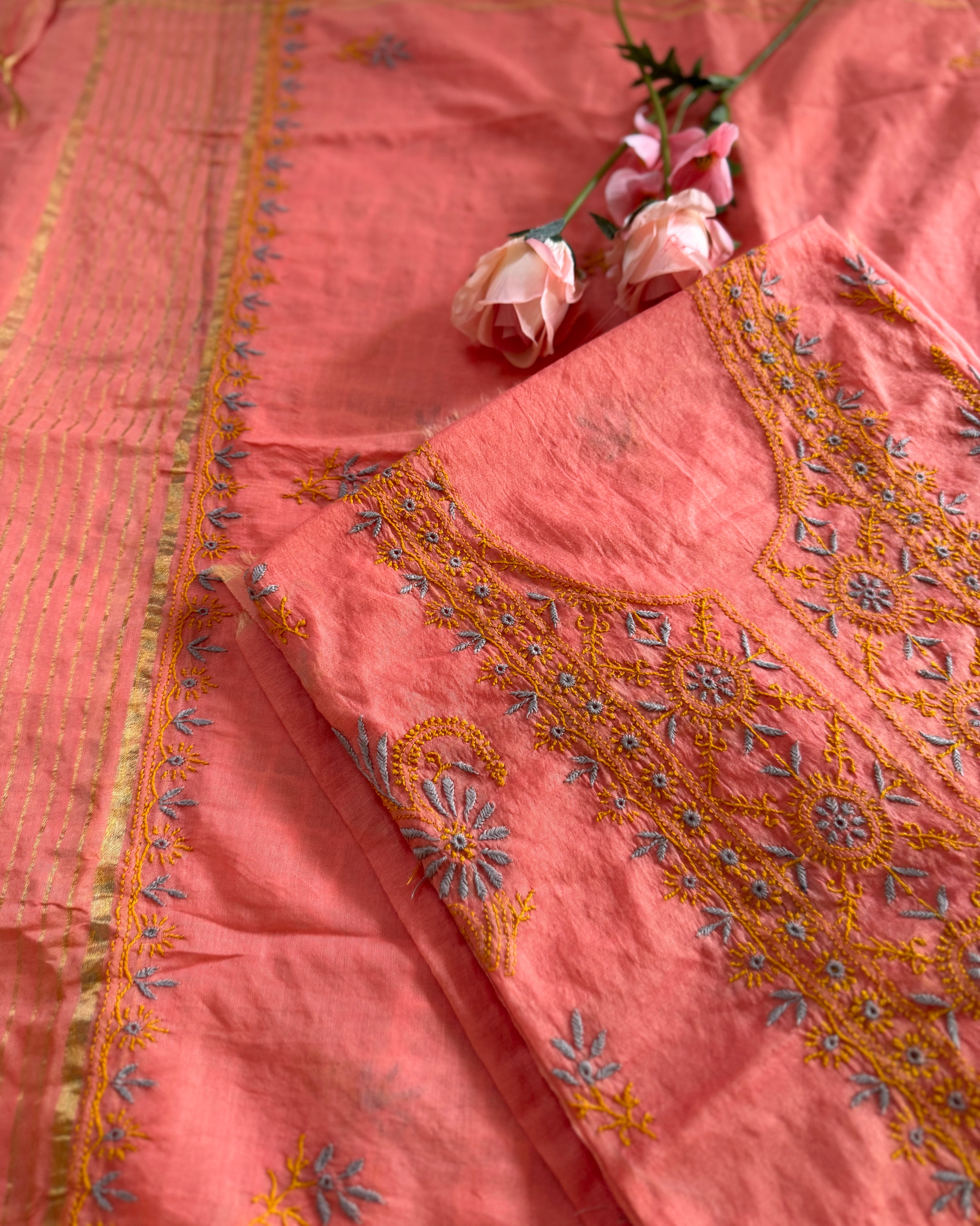 Mul Chanderi Unstitched Suit with thread work