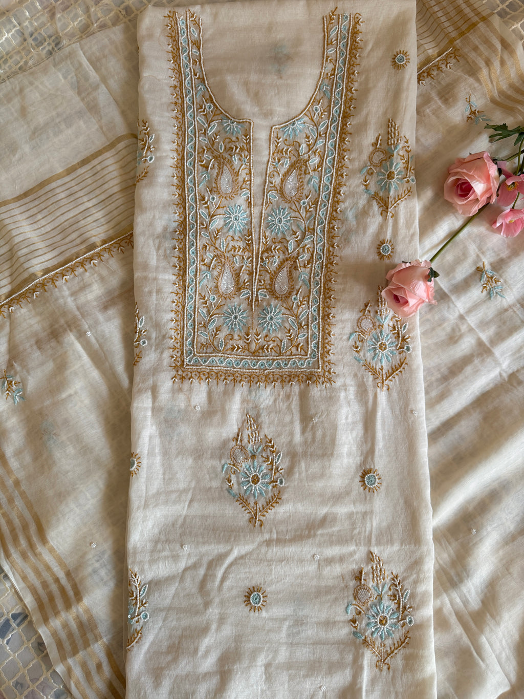 Mul Chanderi Unstitched suit with fine Moti & Cutdana work
